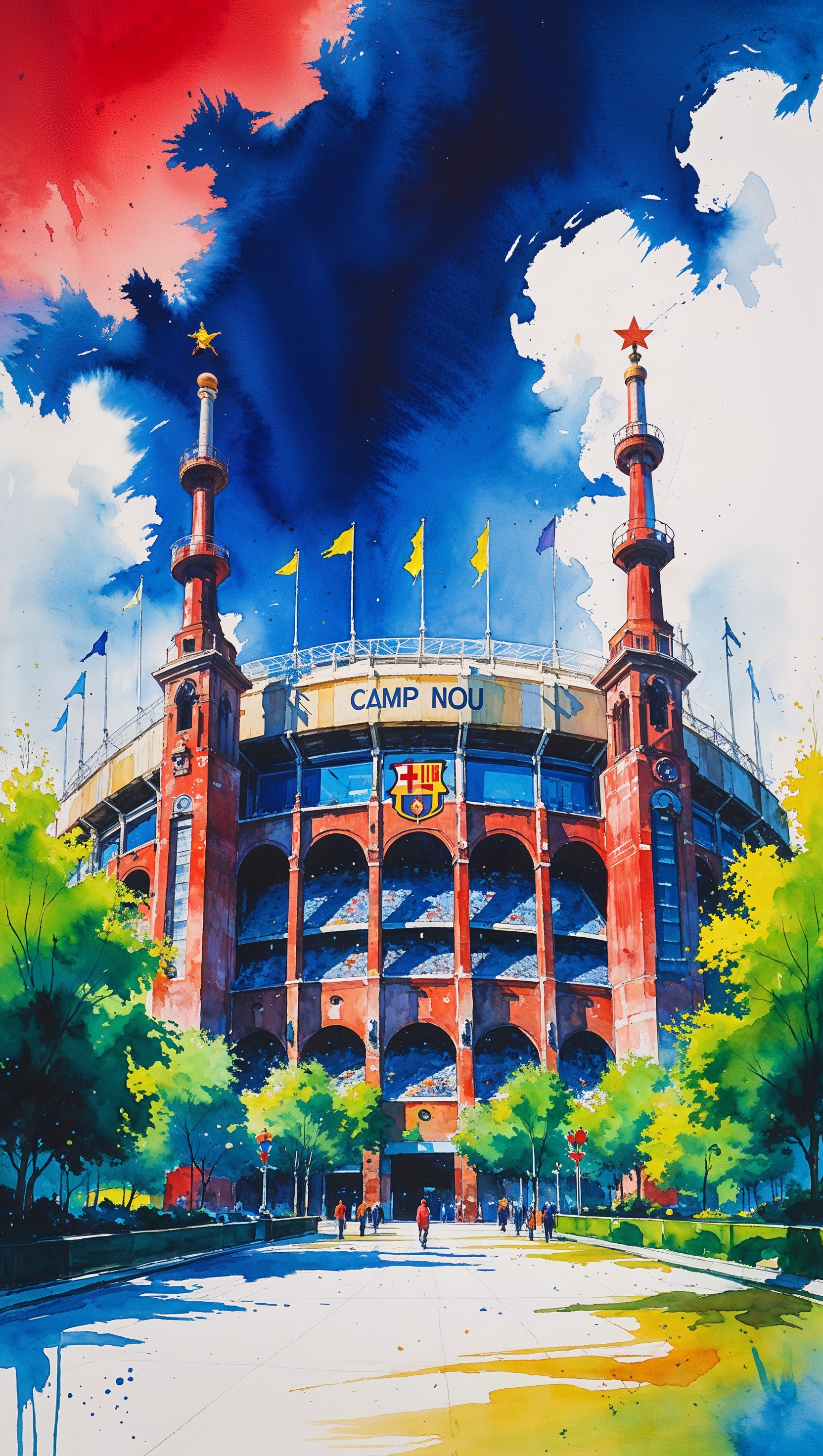 Watercolor painting of Camp Nou with vibrant colors
