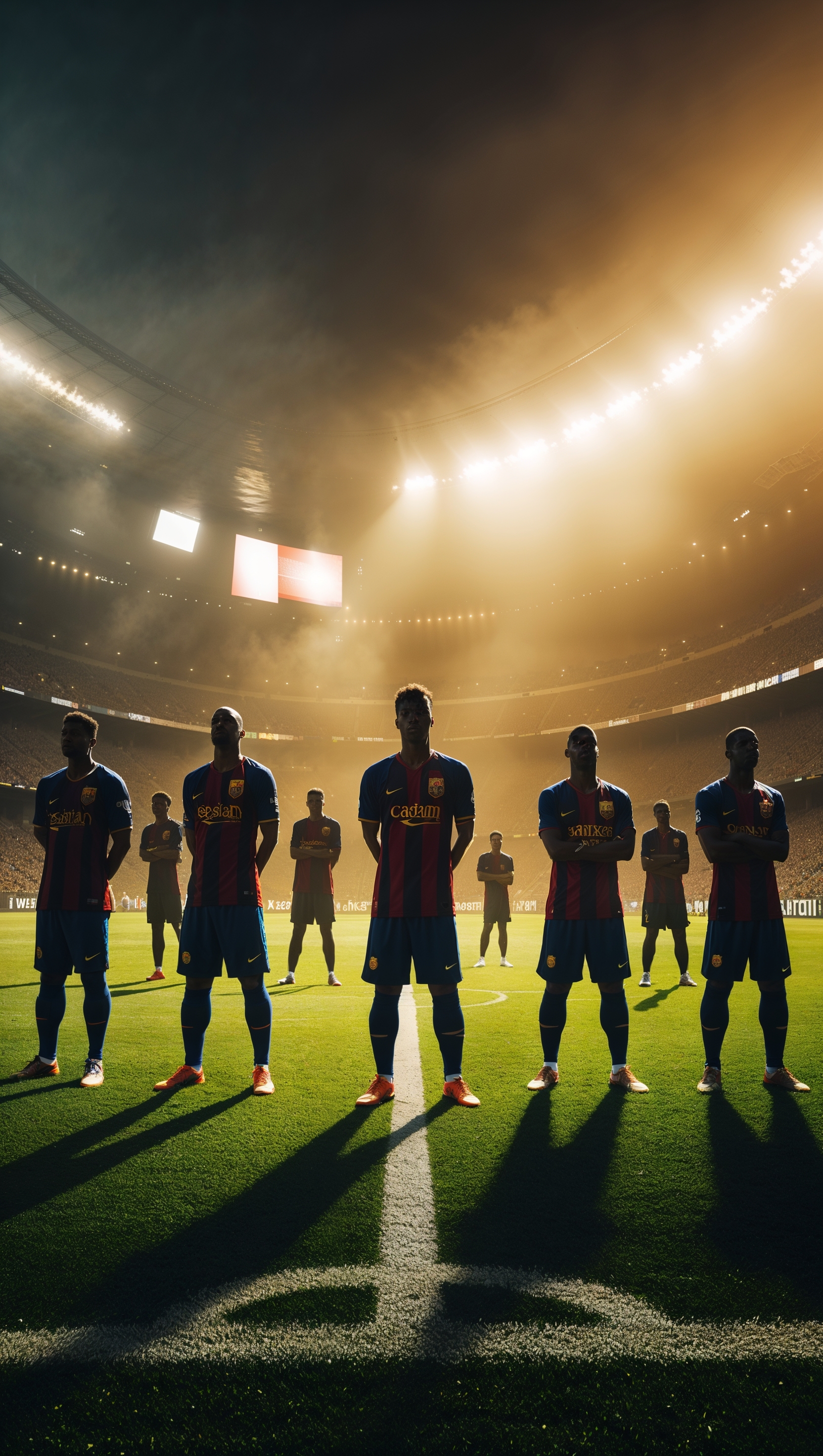 Barça players as silhouettes against stadium lights