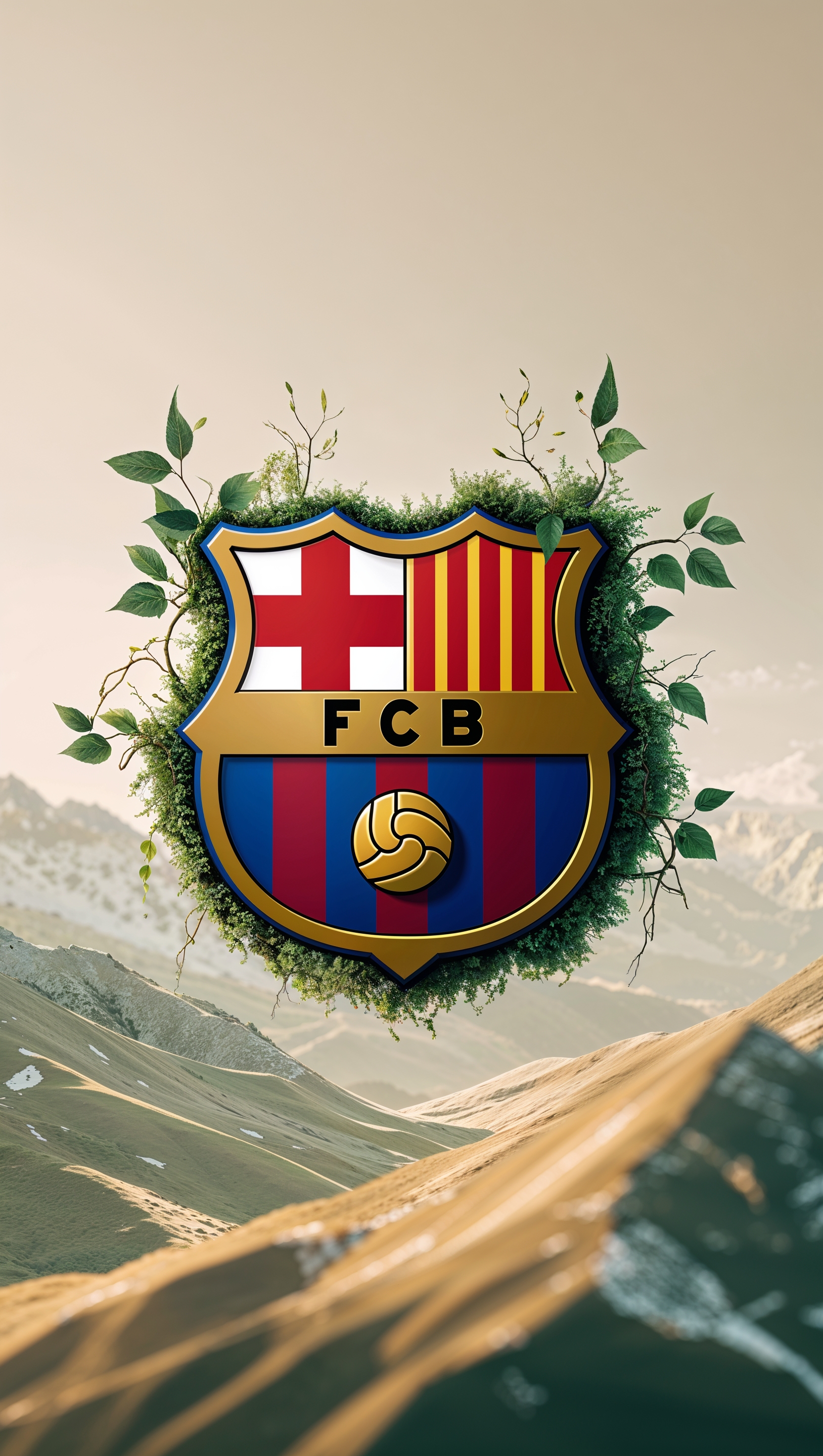 Mountain landscape blended with Barça logo in a nature-inspired style