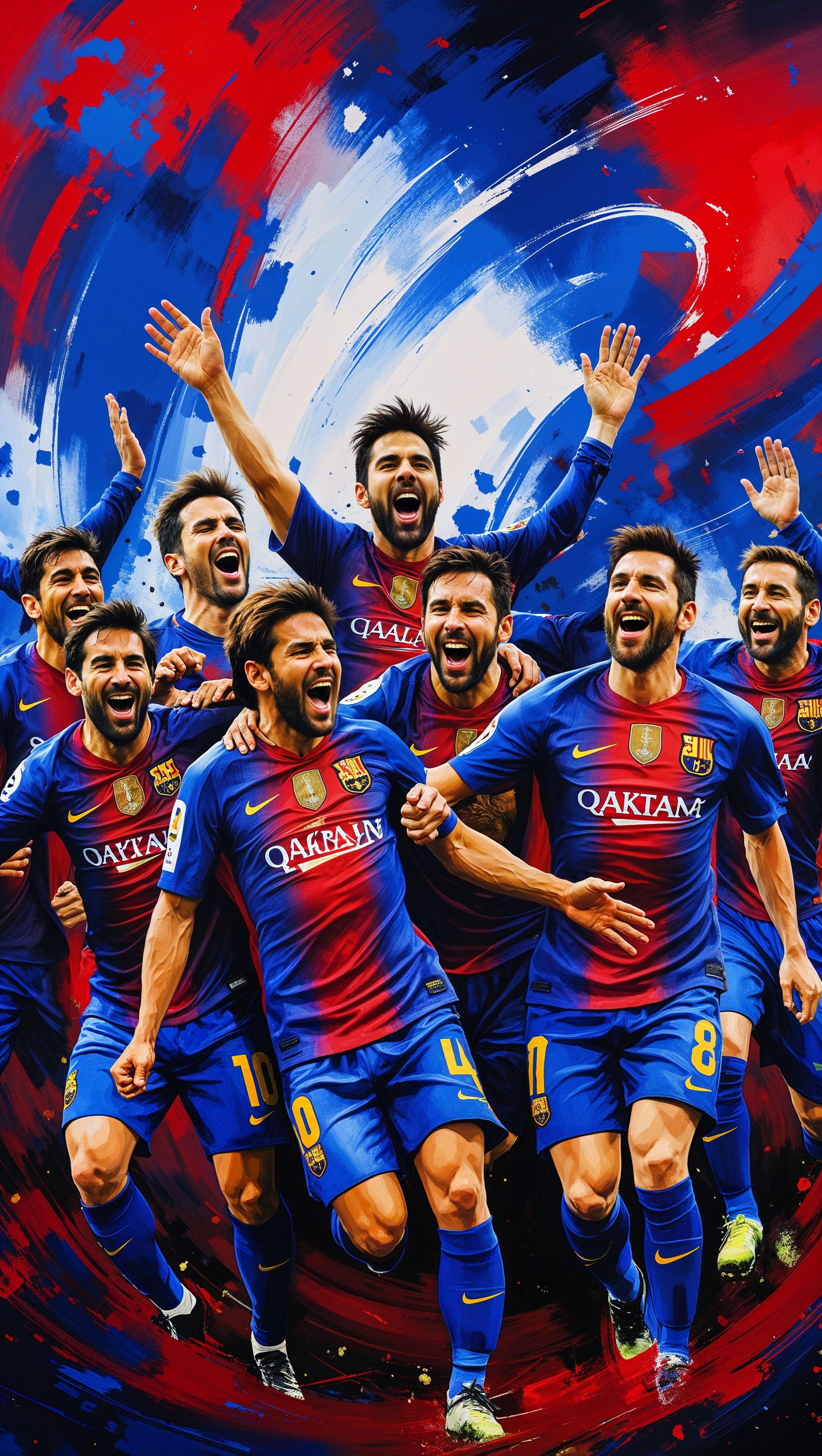 FC Barcelona players celebrating a goal, with artistic effects
