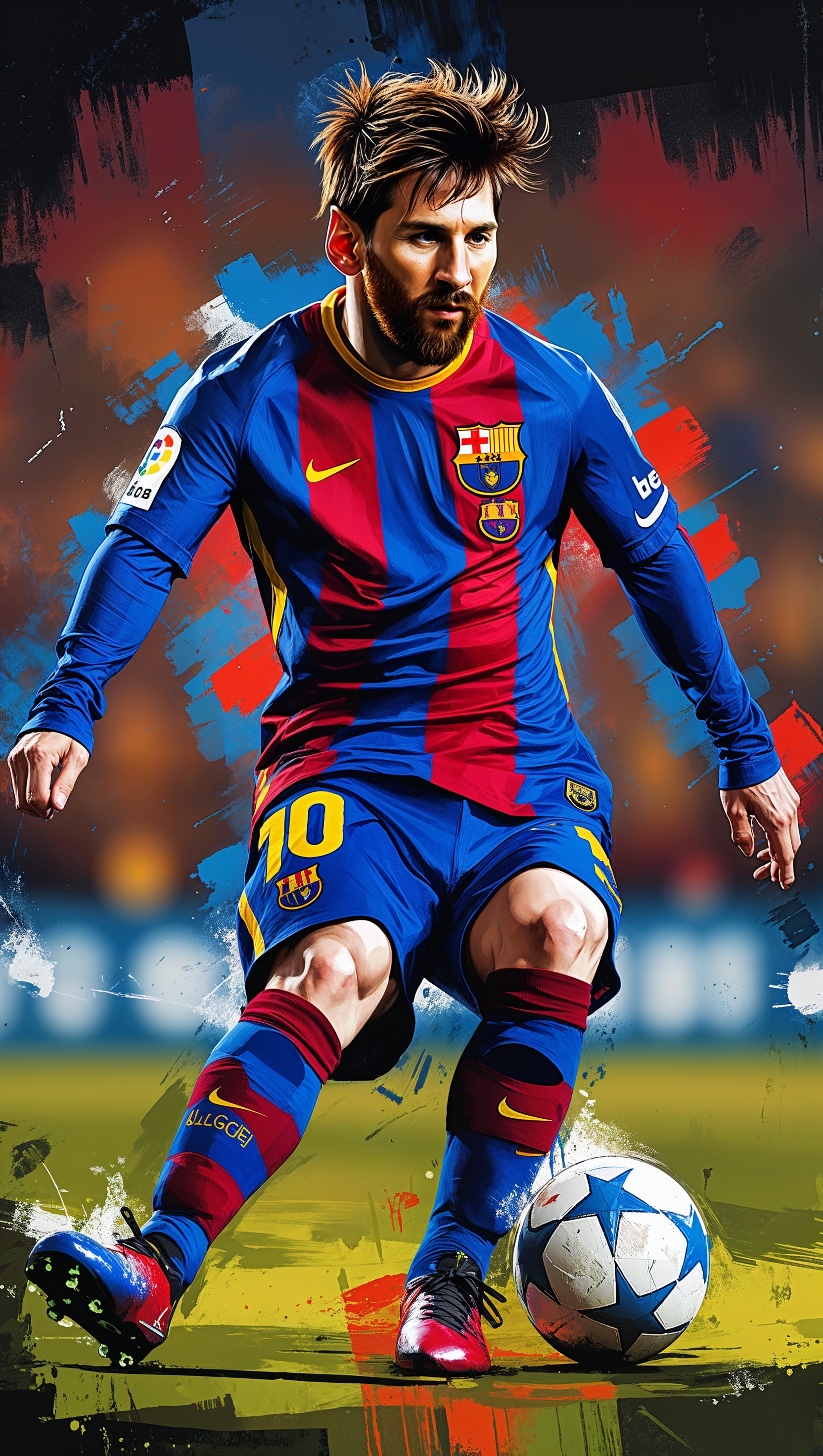 Lionel Messi in Barcelona jersey taking a shot, digital painting style