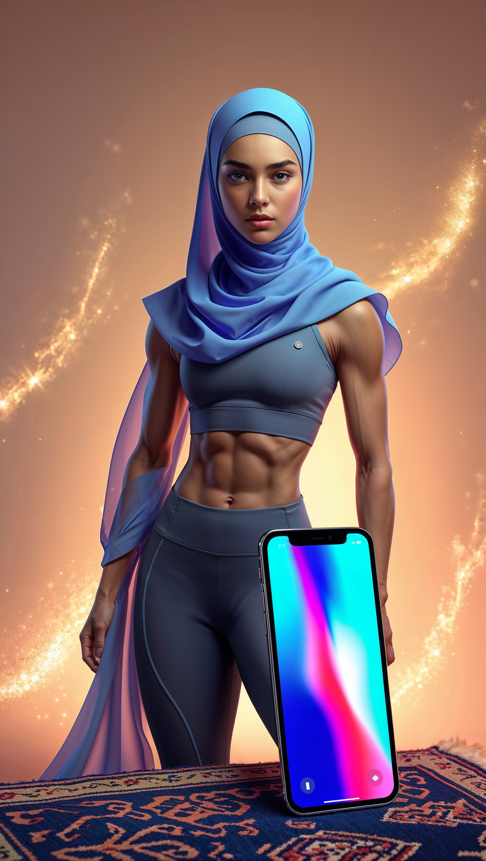 Fantasy-style fitness girl in Islamic outfit, iPhone wallpaper