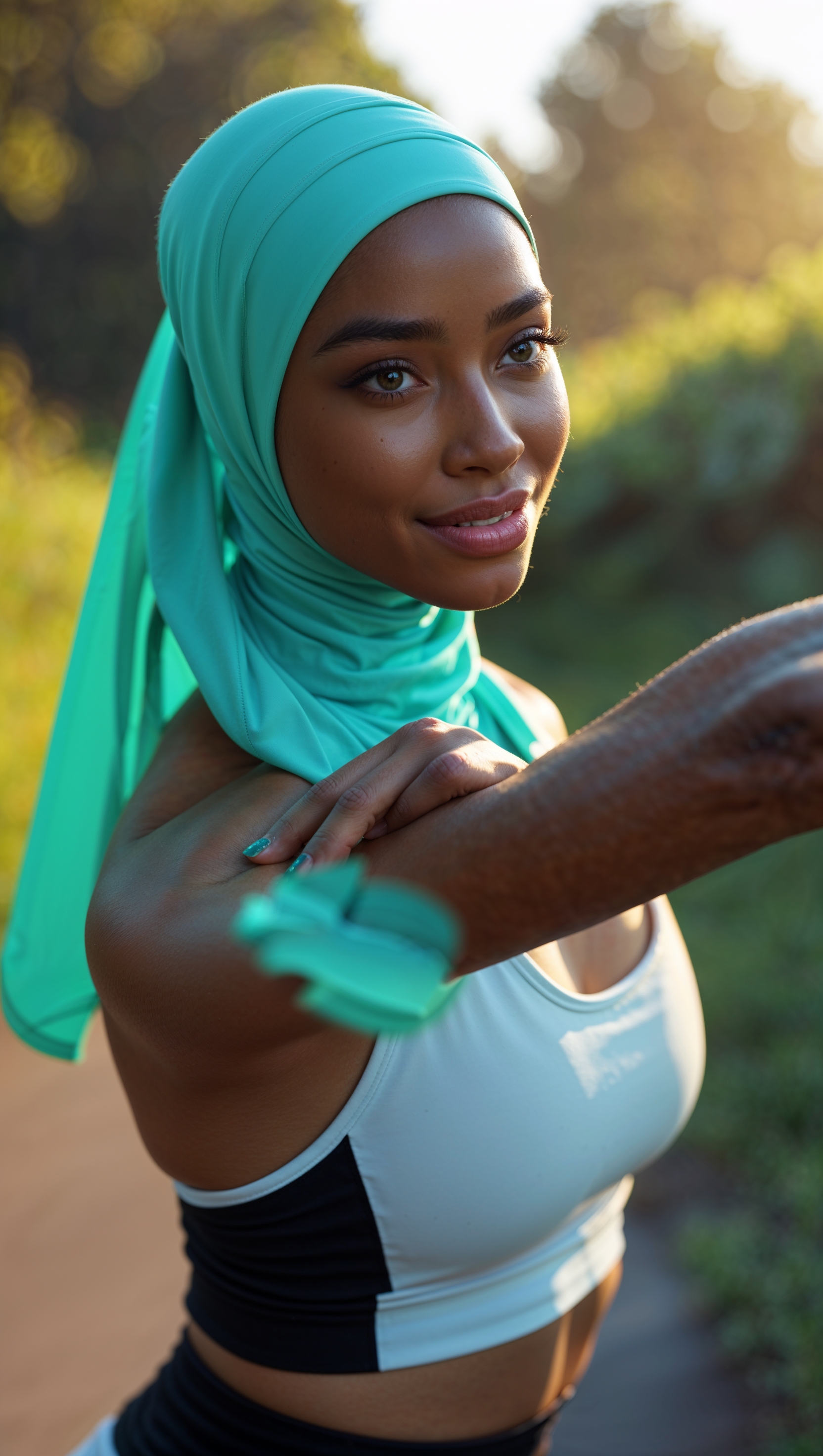 Hijab girl in sporty outfit doing stretches