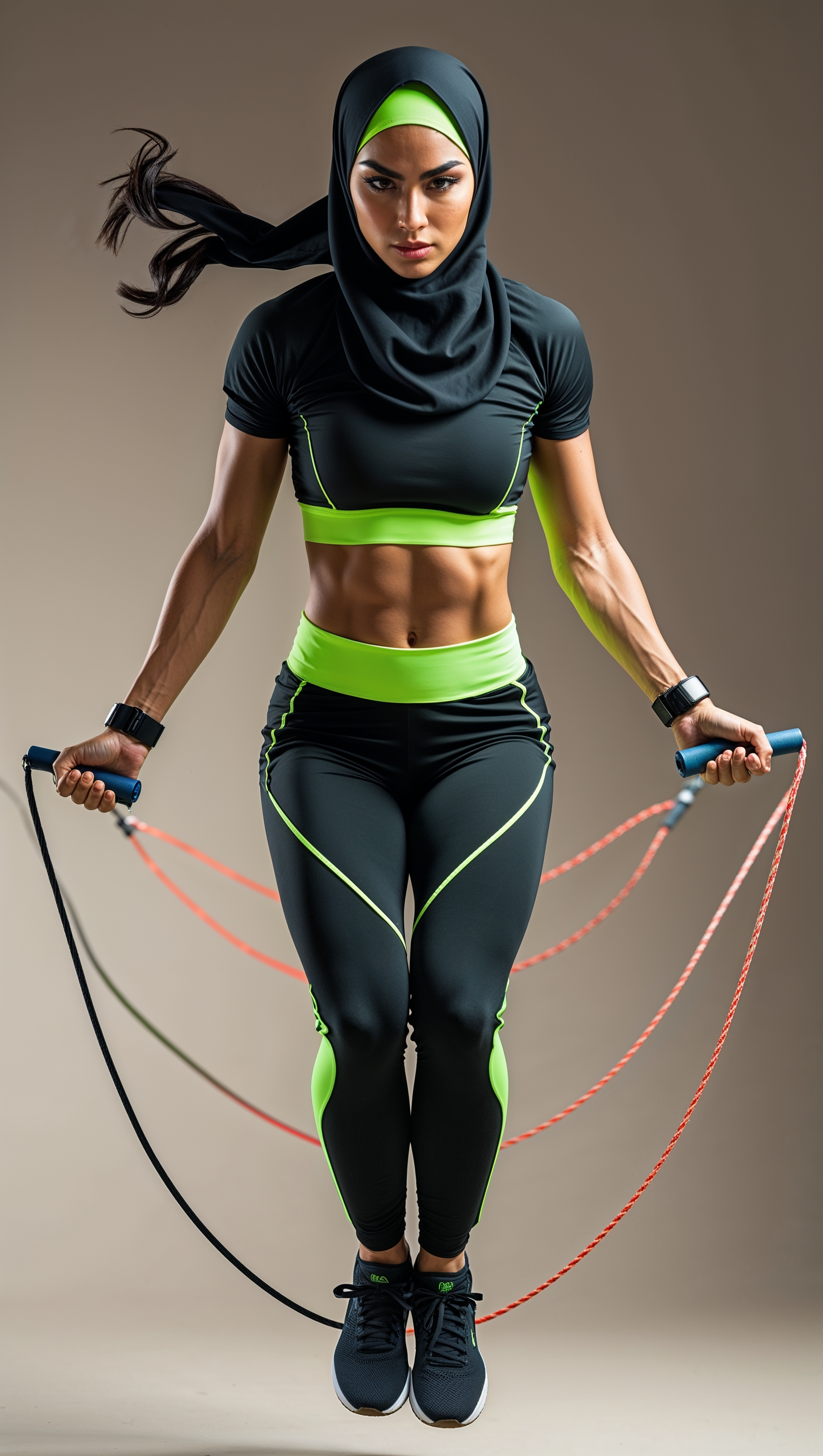 Fully covered athletic woman skipping rope