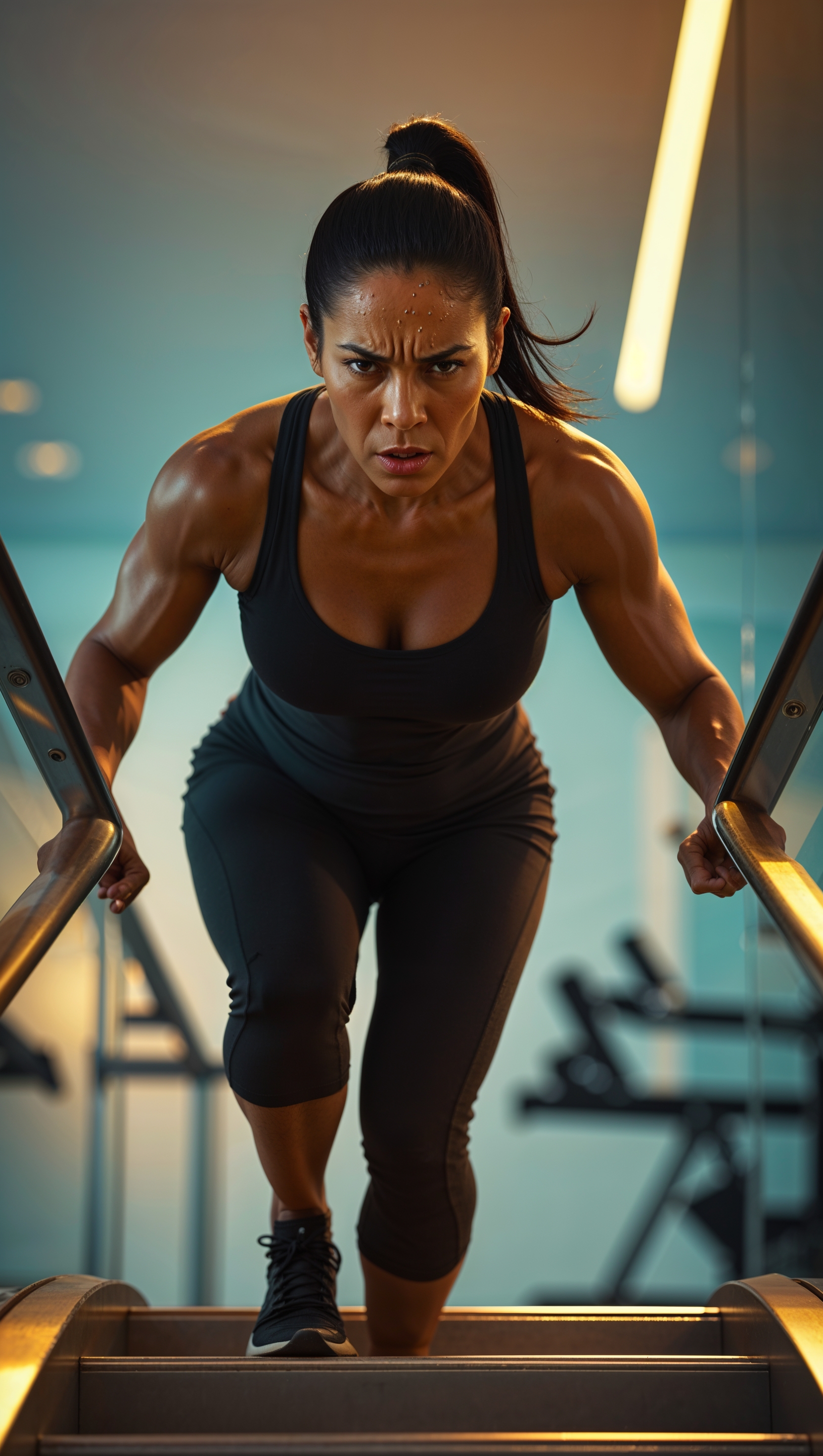 Modestly dressed woman climbing stairs, motivational fitness scene