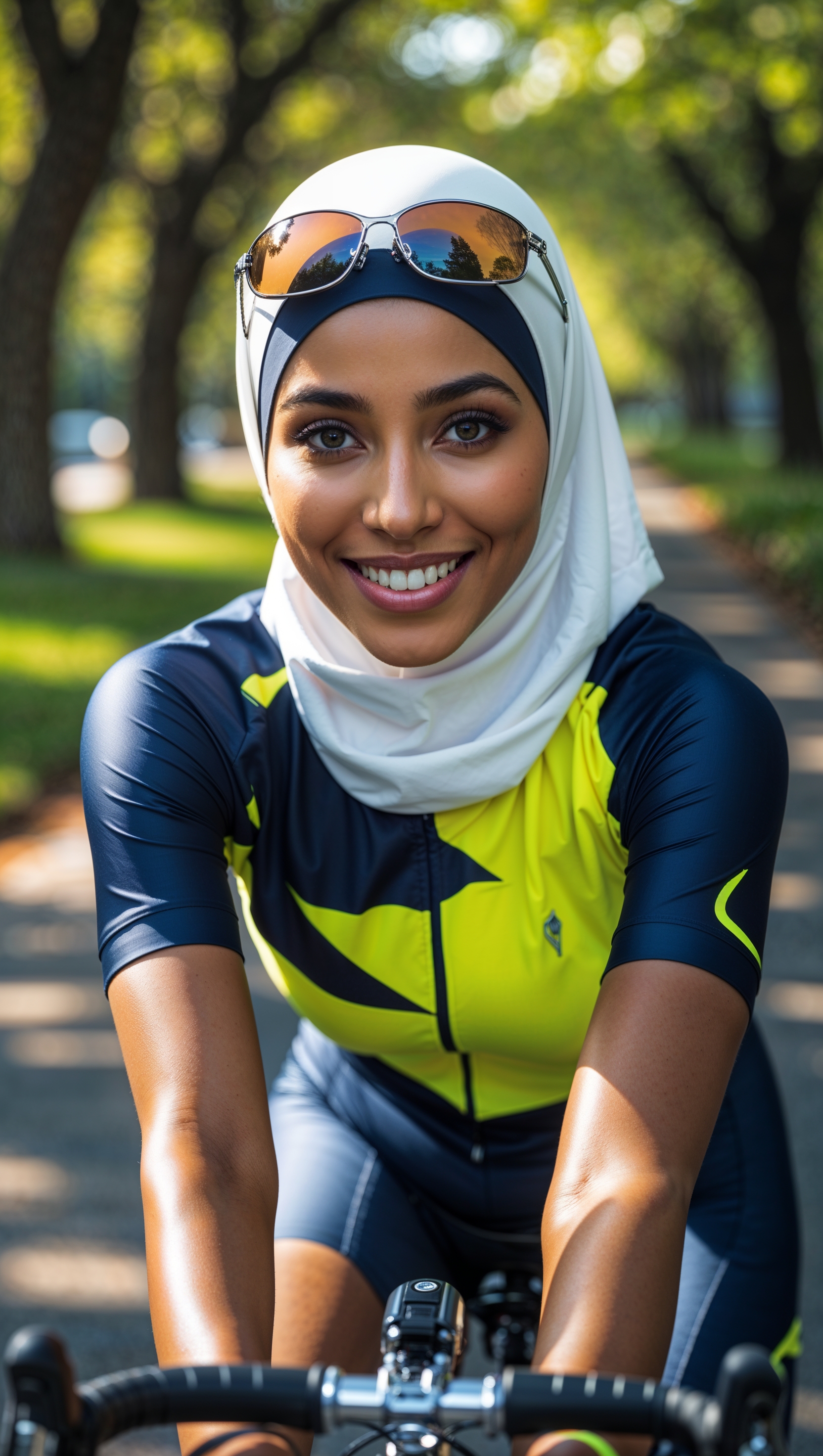 Hijabi woman cycling in a park, iPhone fitness wallpaper