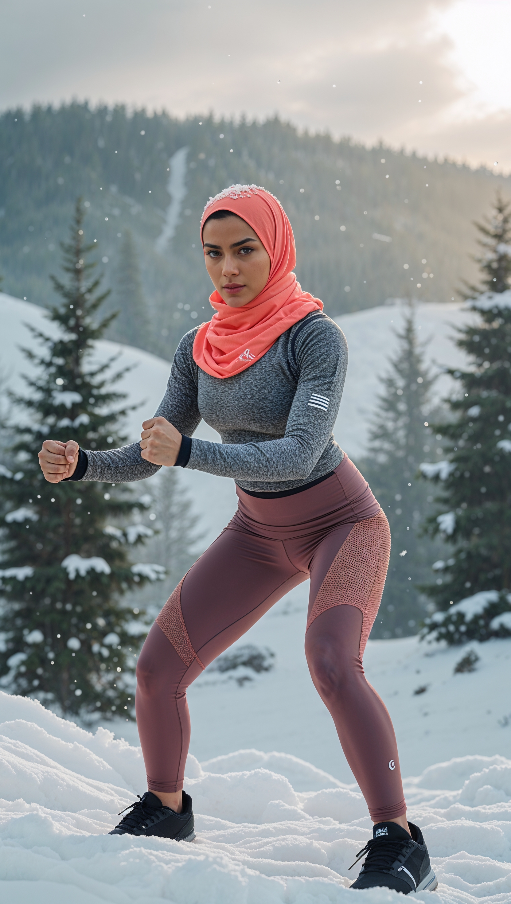 Hijabi girl training in snowy nature, fitness aesthetic