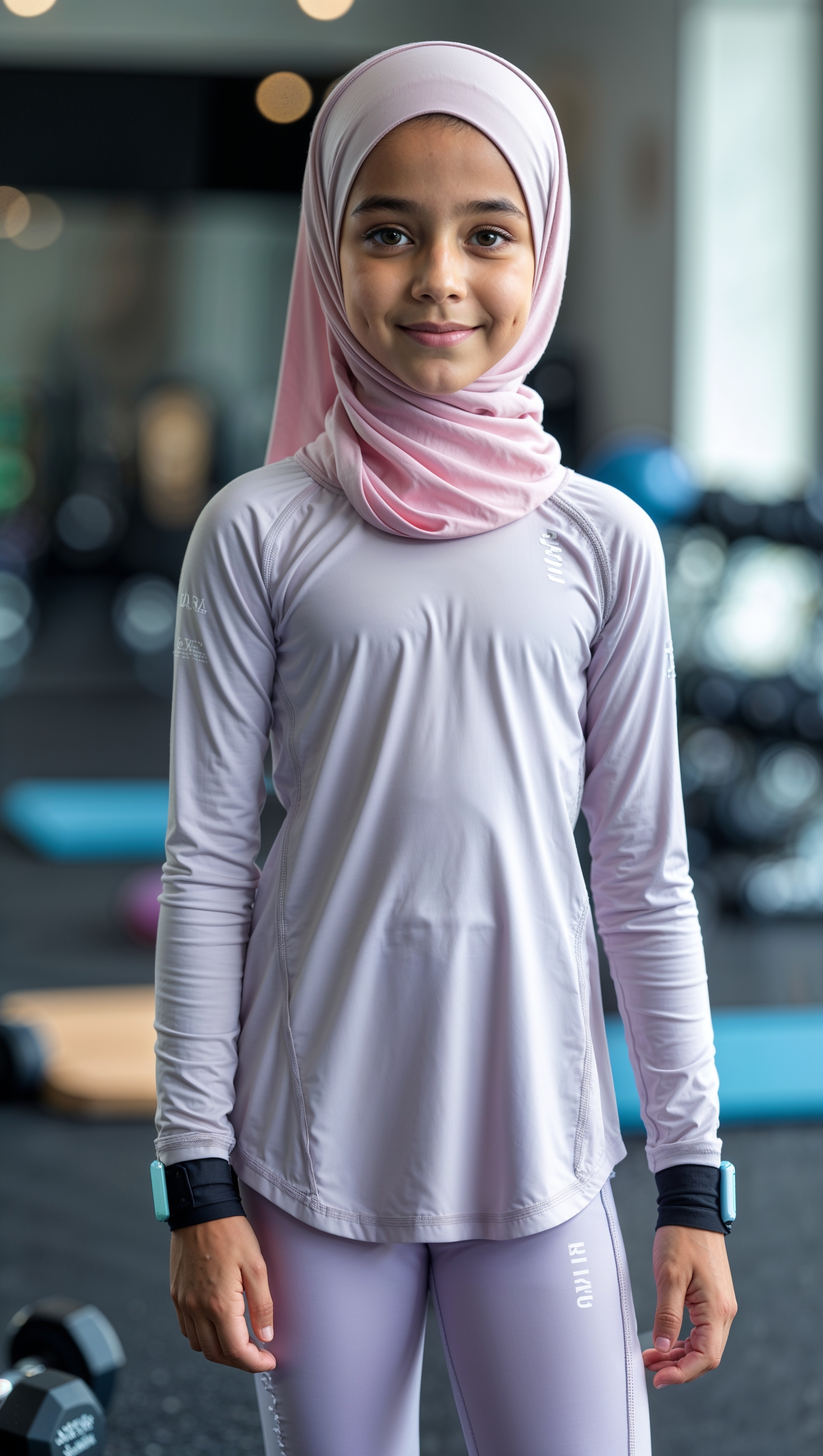 Fitness-themed image of girl in long modest sportswear