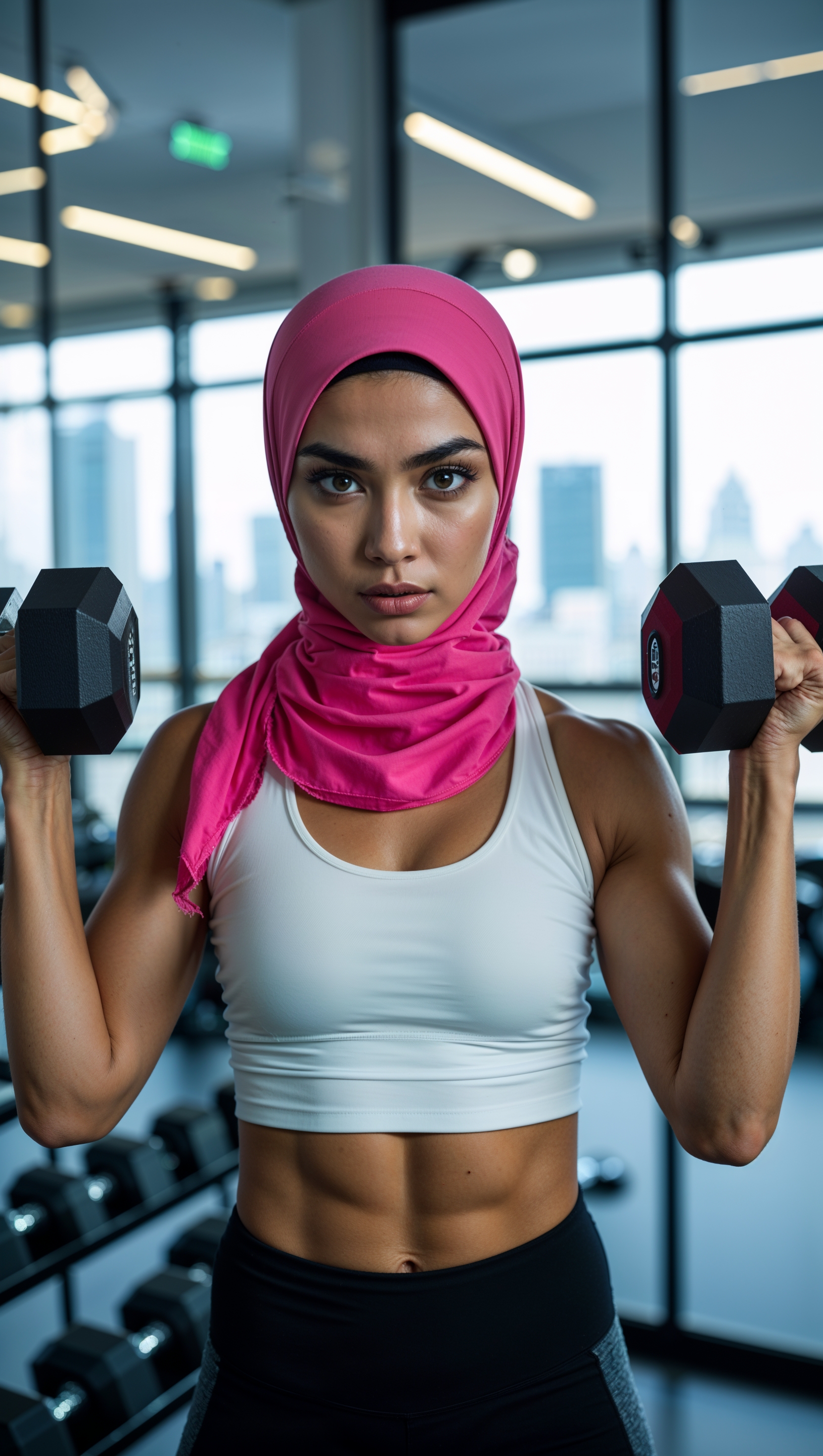 Hijab girl lifting weights, fitness motivation theme