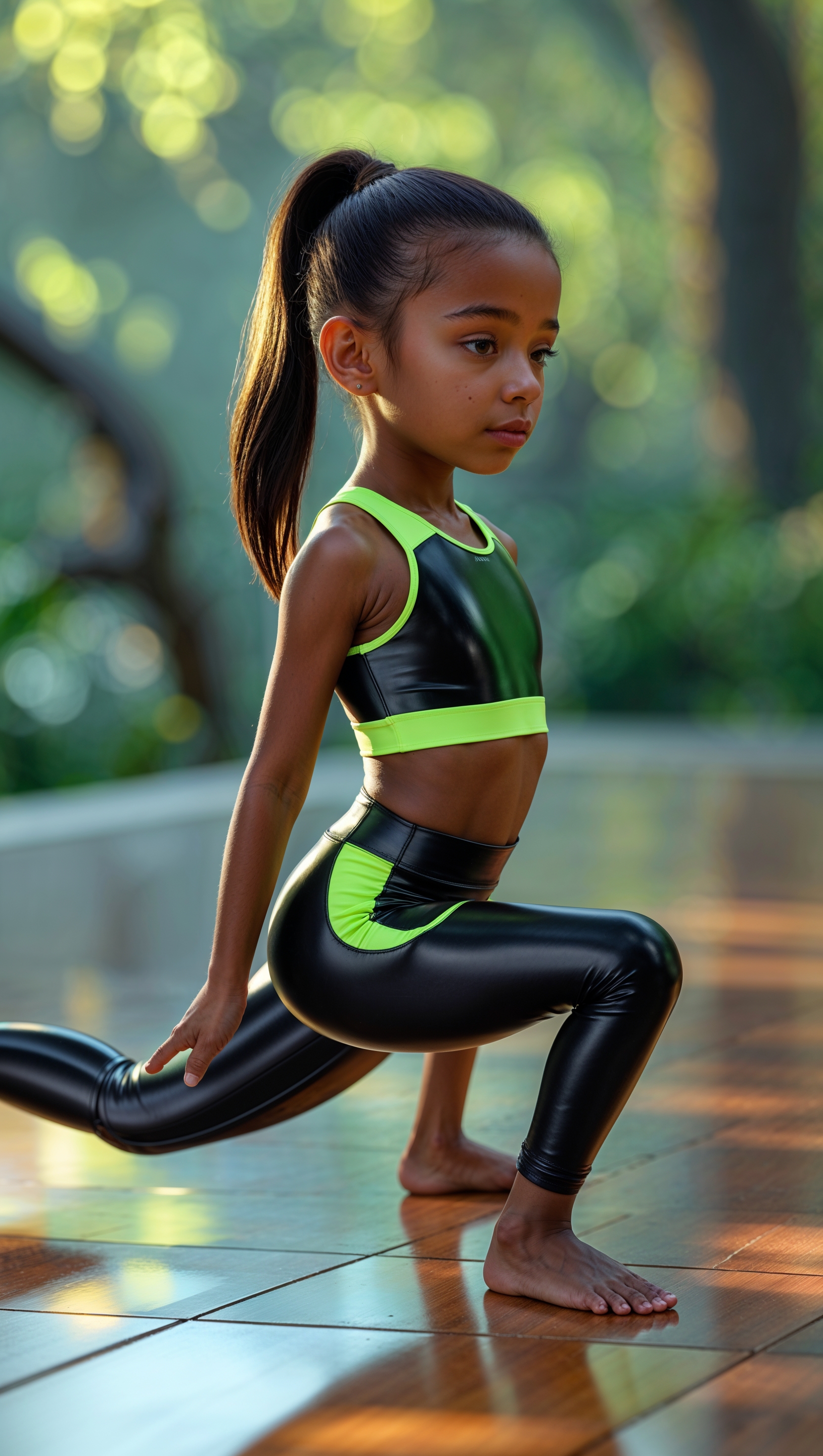 Girl in long sportswear doing yoga stretches