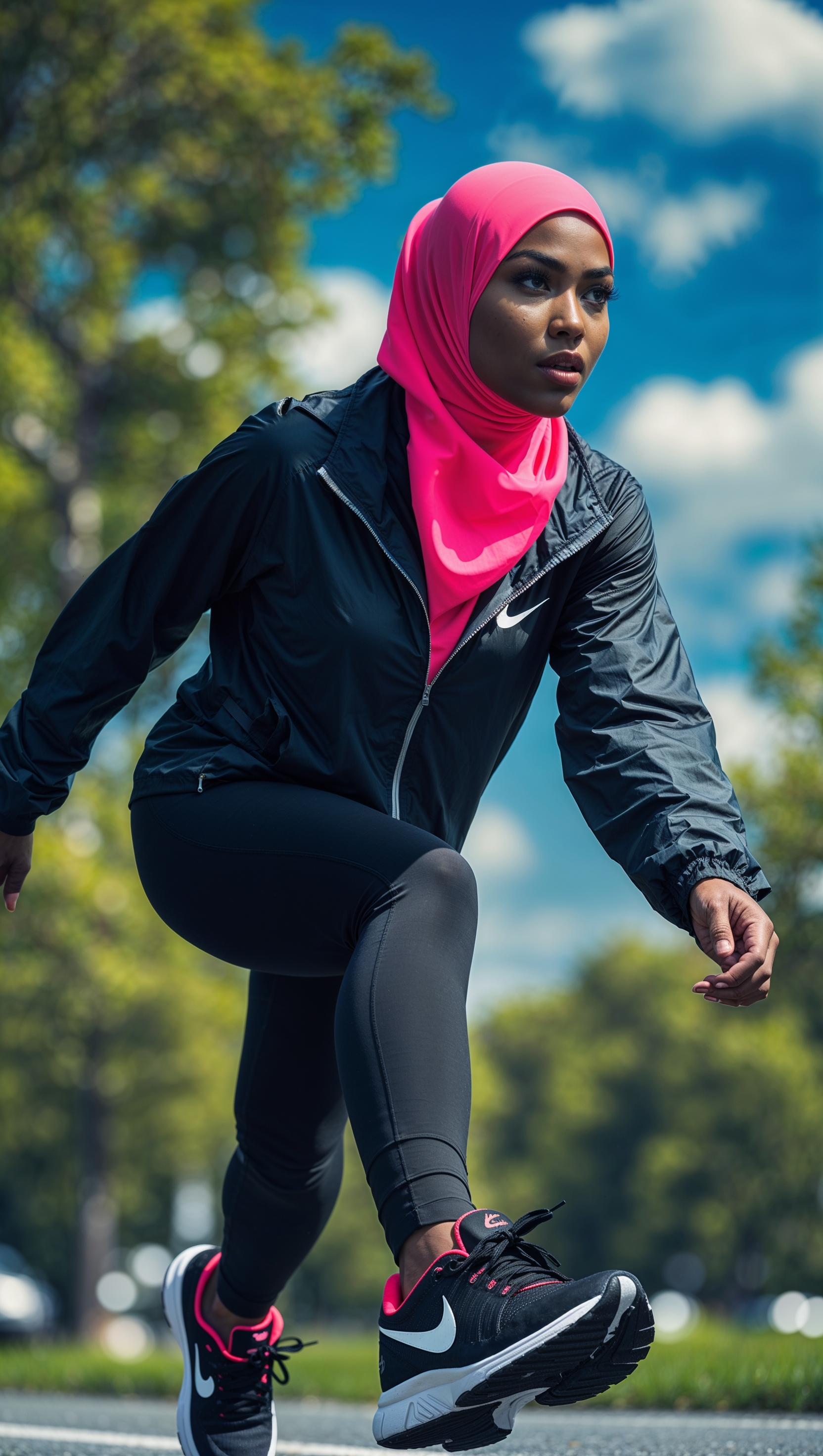 Hijabi girl power walking outdoors, fitness iPhone background