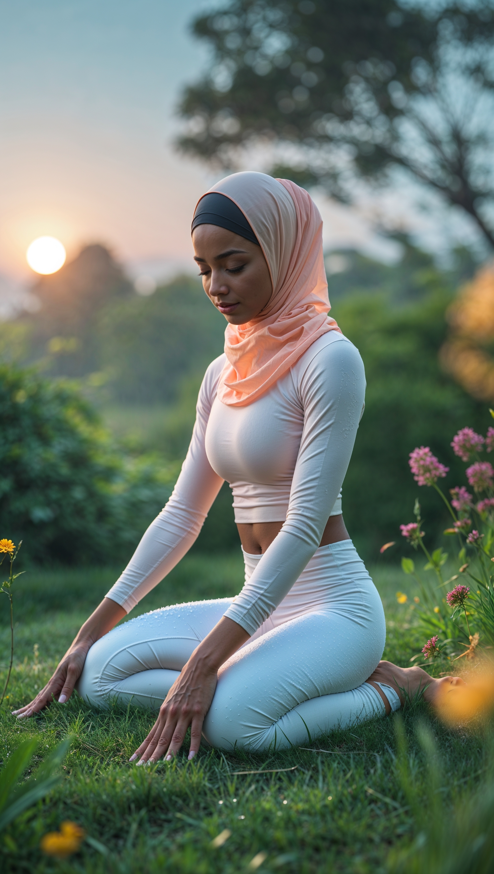 A modest girl in hijab doing yoga in a park, iPhone fitness wallpaper