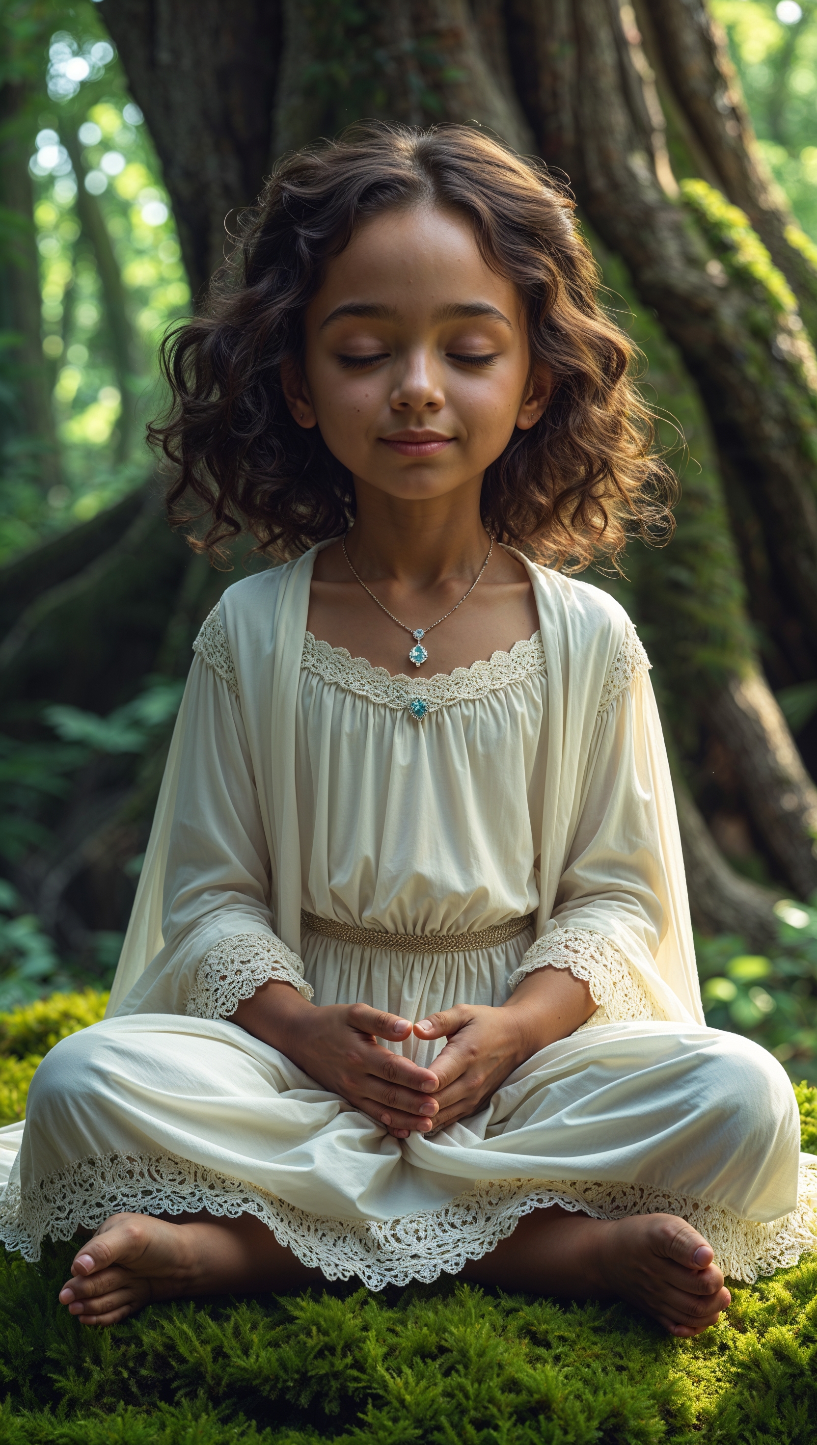 Fully dressed girl meditating in a serene environment