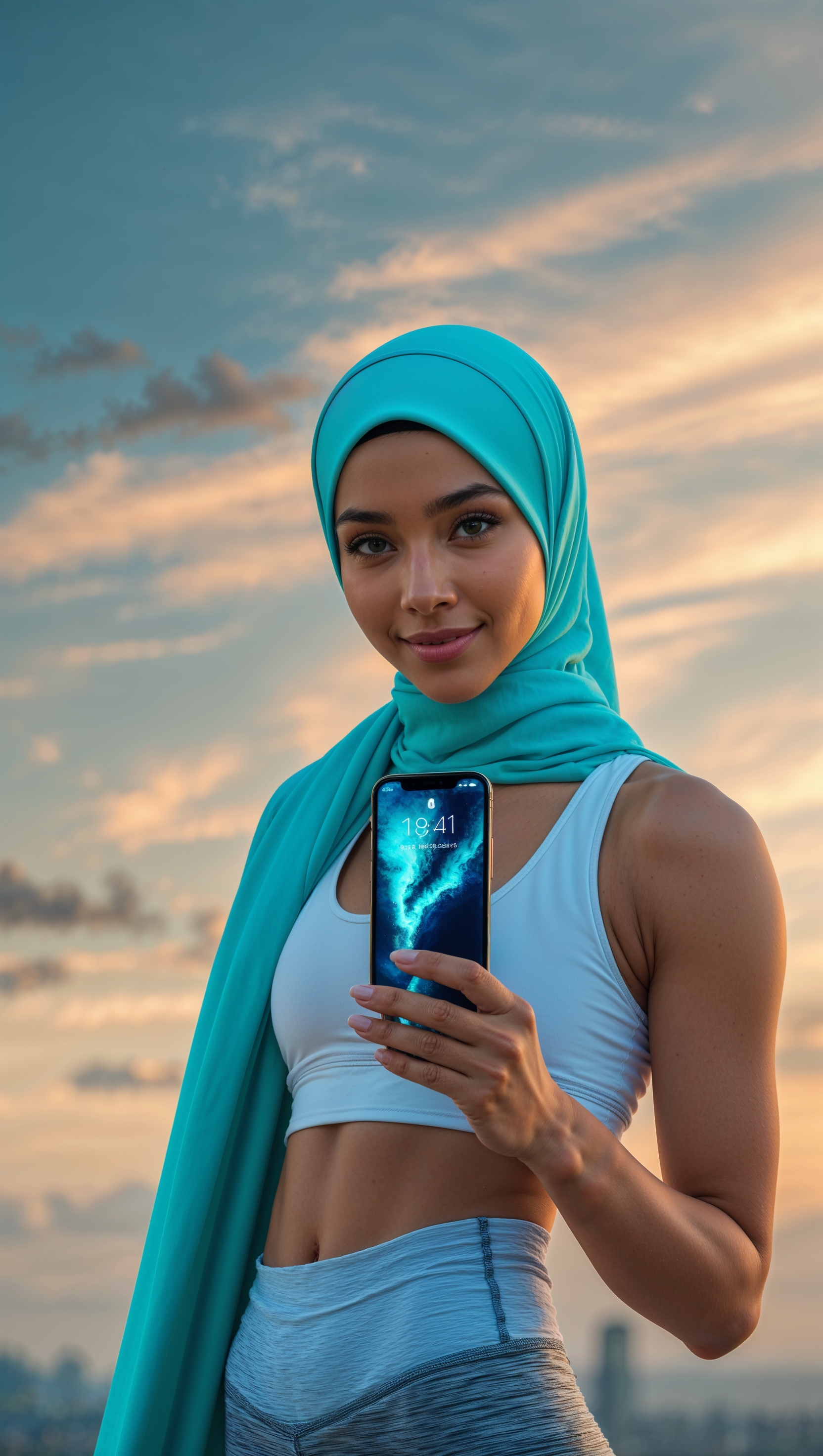 Muslim fitness girl with hijab, sky background, iPhone wallpaper