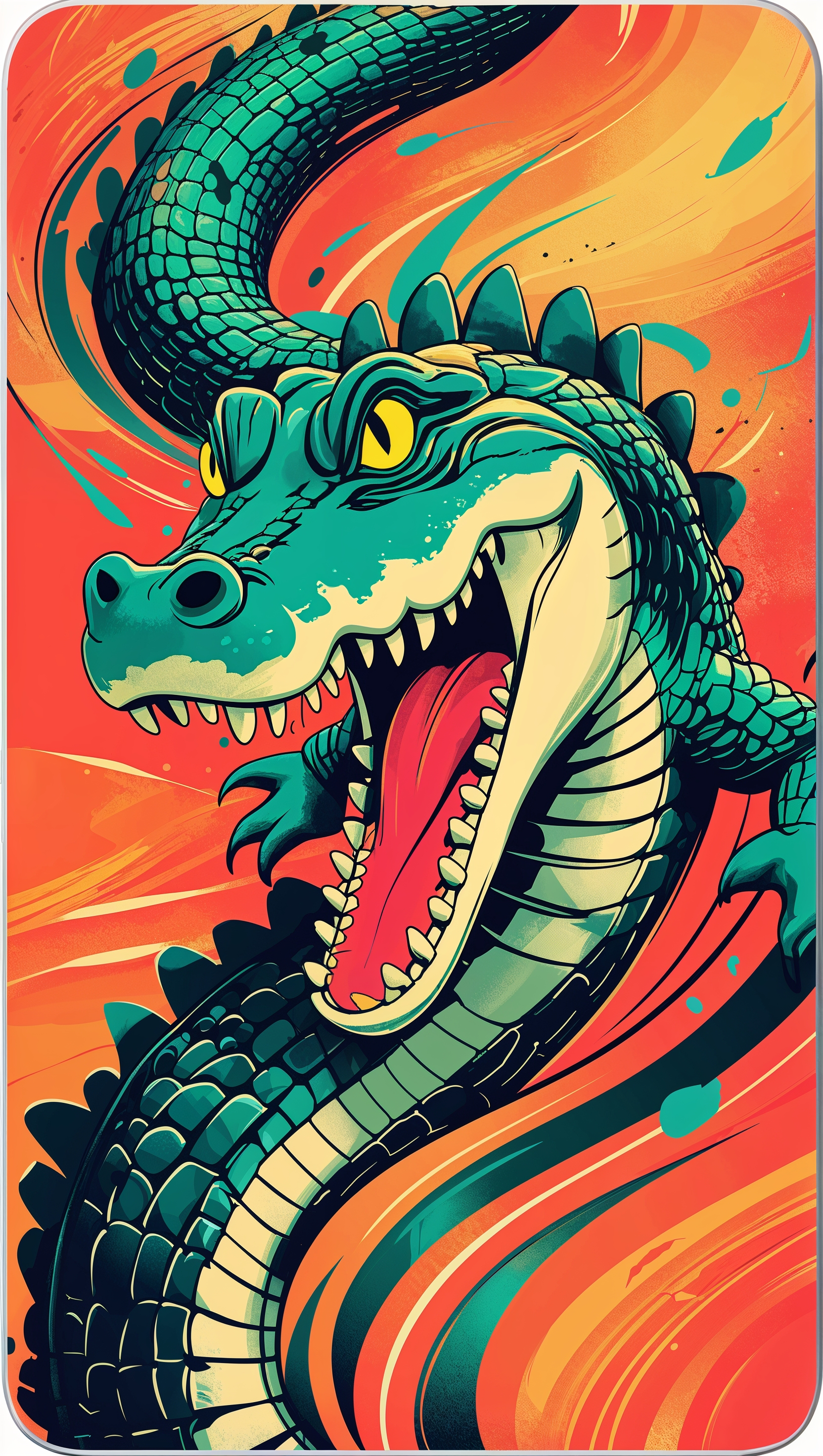 iPhone wallpaper with an alligator and abstract orange design