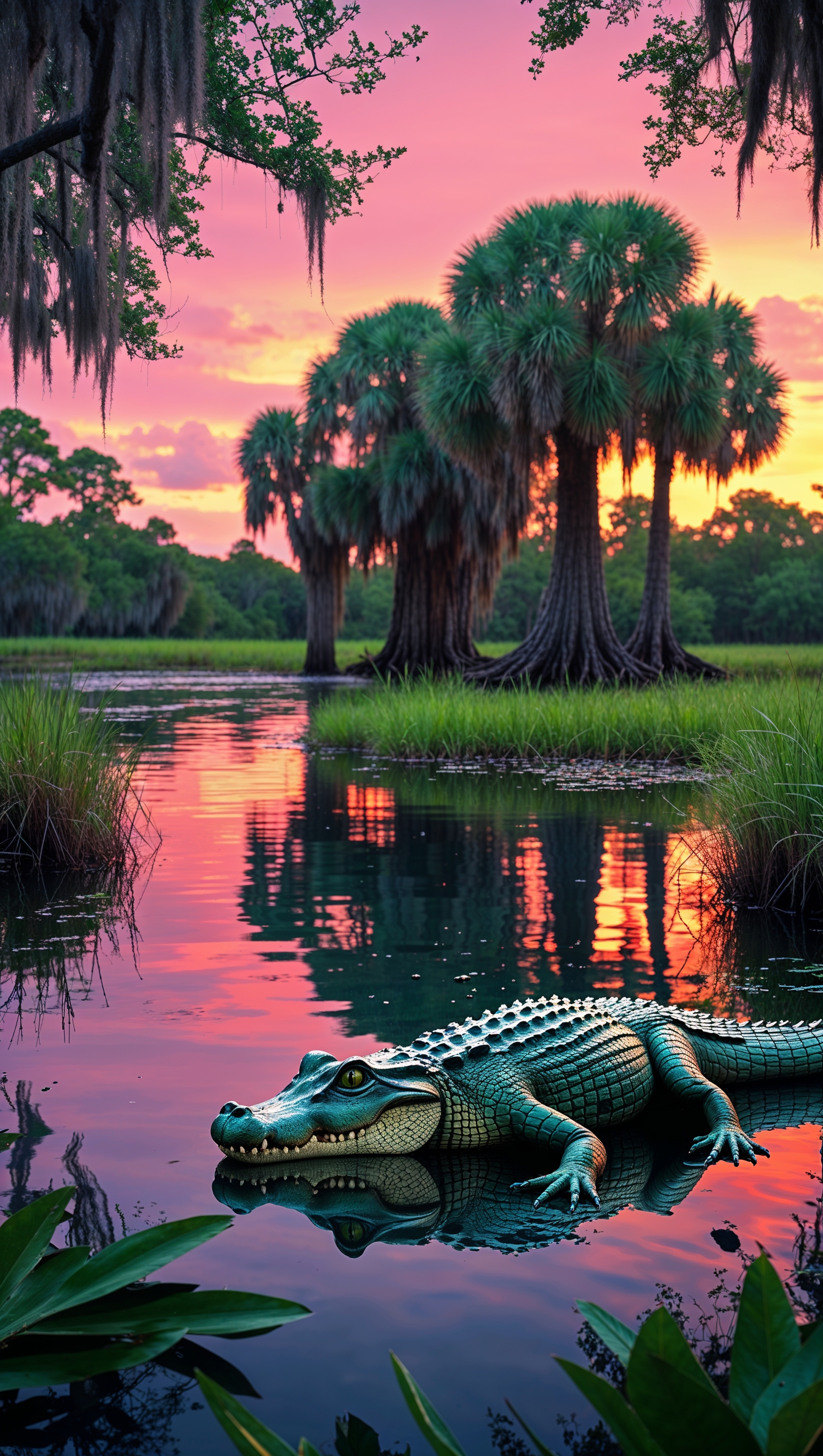 iPhone wallpaper with Florida landscape and an alligator by the lake