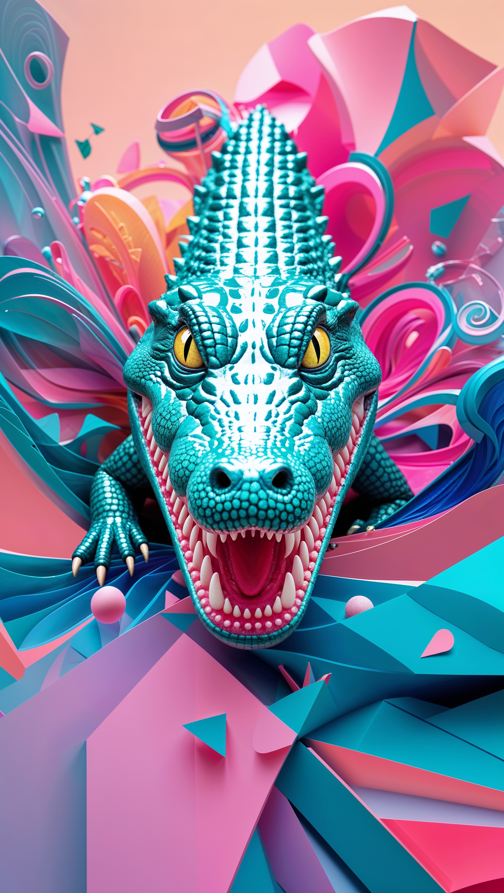 Colorful geometric patterns iPhone wallpaper with alligator