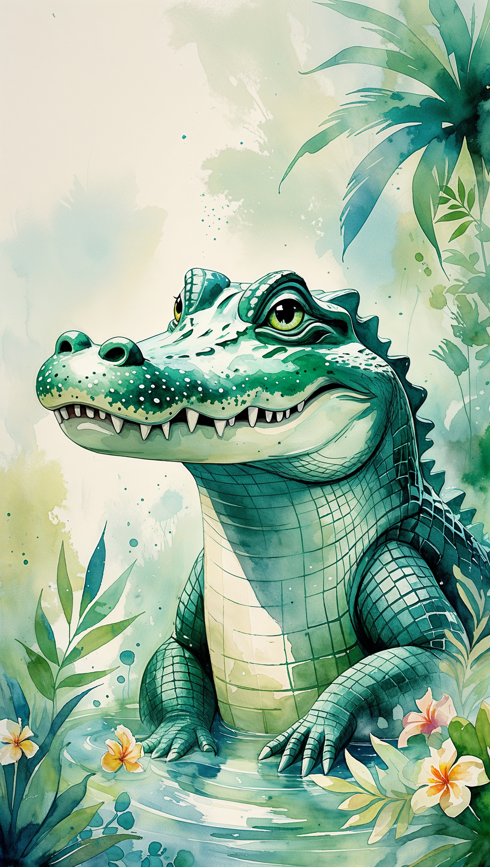 Watercolor style iPhone wallpaper with an alligator