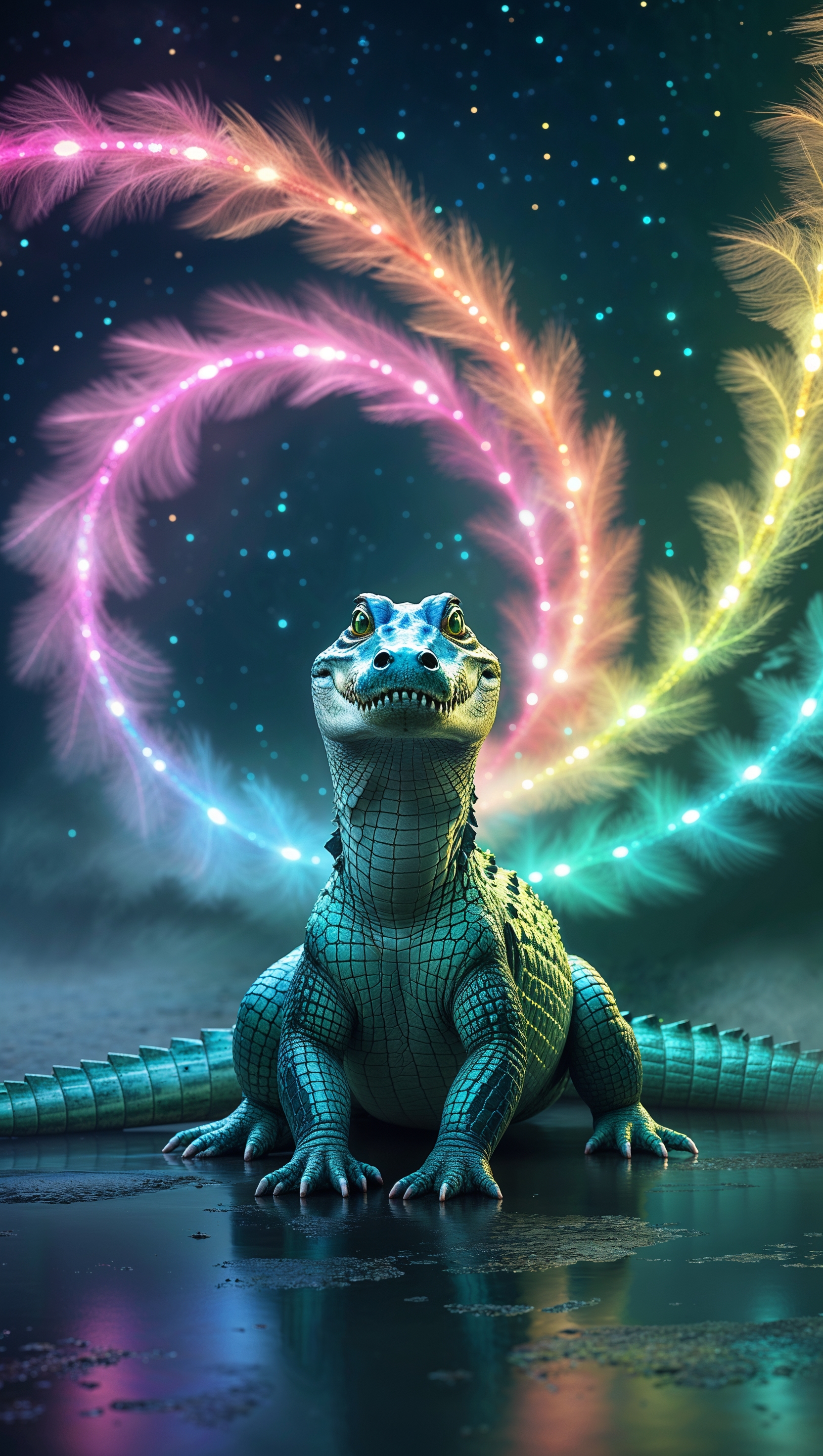 iPhone wallpaper with alligator and rainbow lights