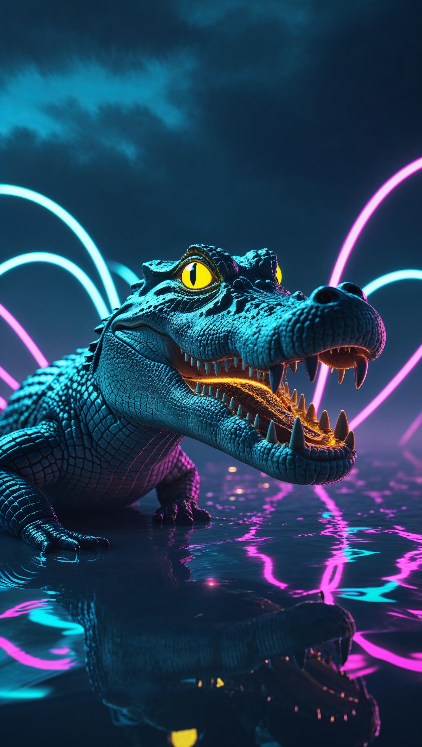 iPhone wallpaper with an alligator at night and neon lights