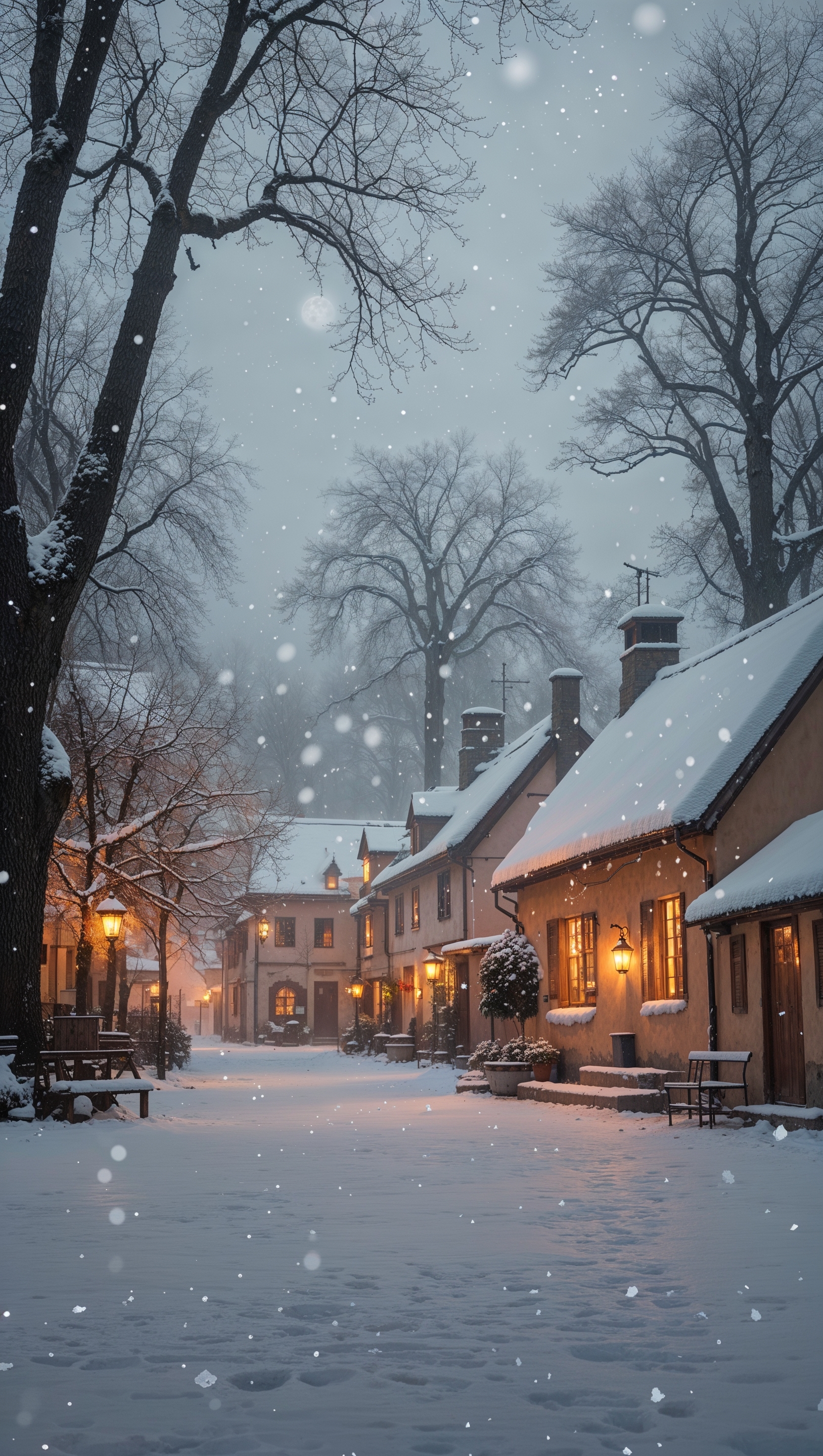Gentle snowfall over a small cozy village