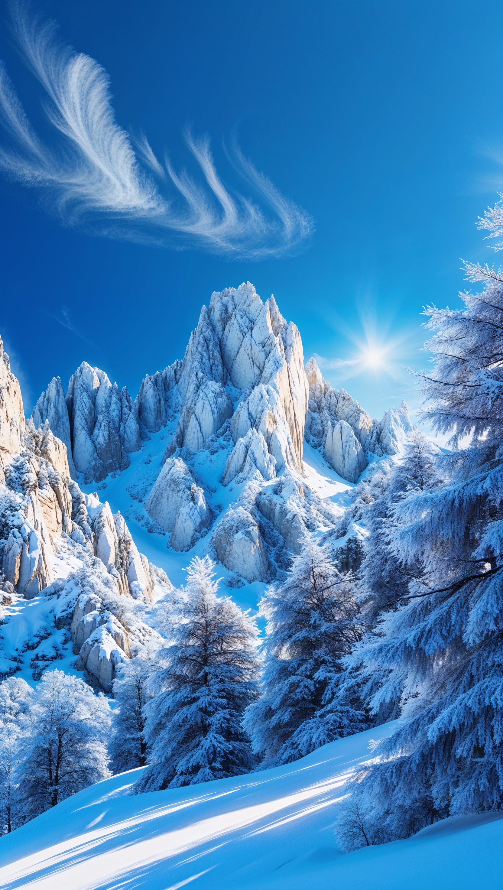Snow-covered mountains under a clear blue sky