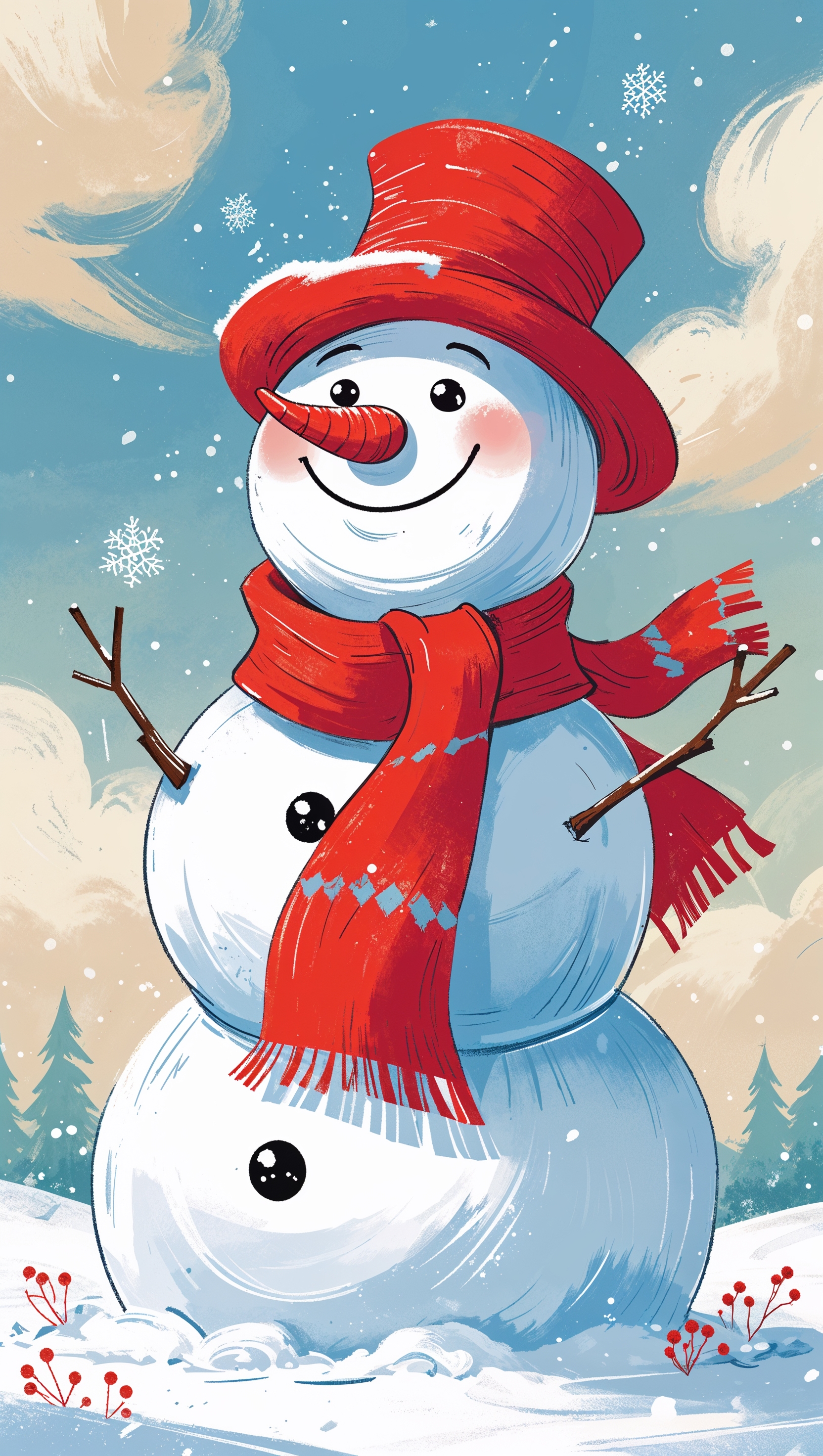 Cute snowman with a red scarf and hat