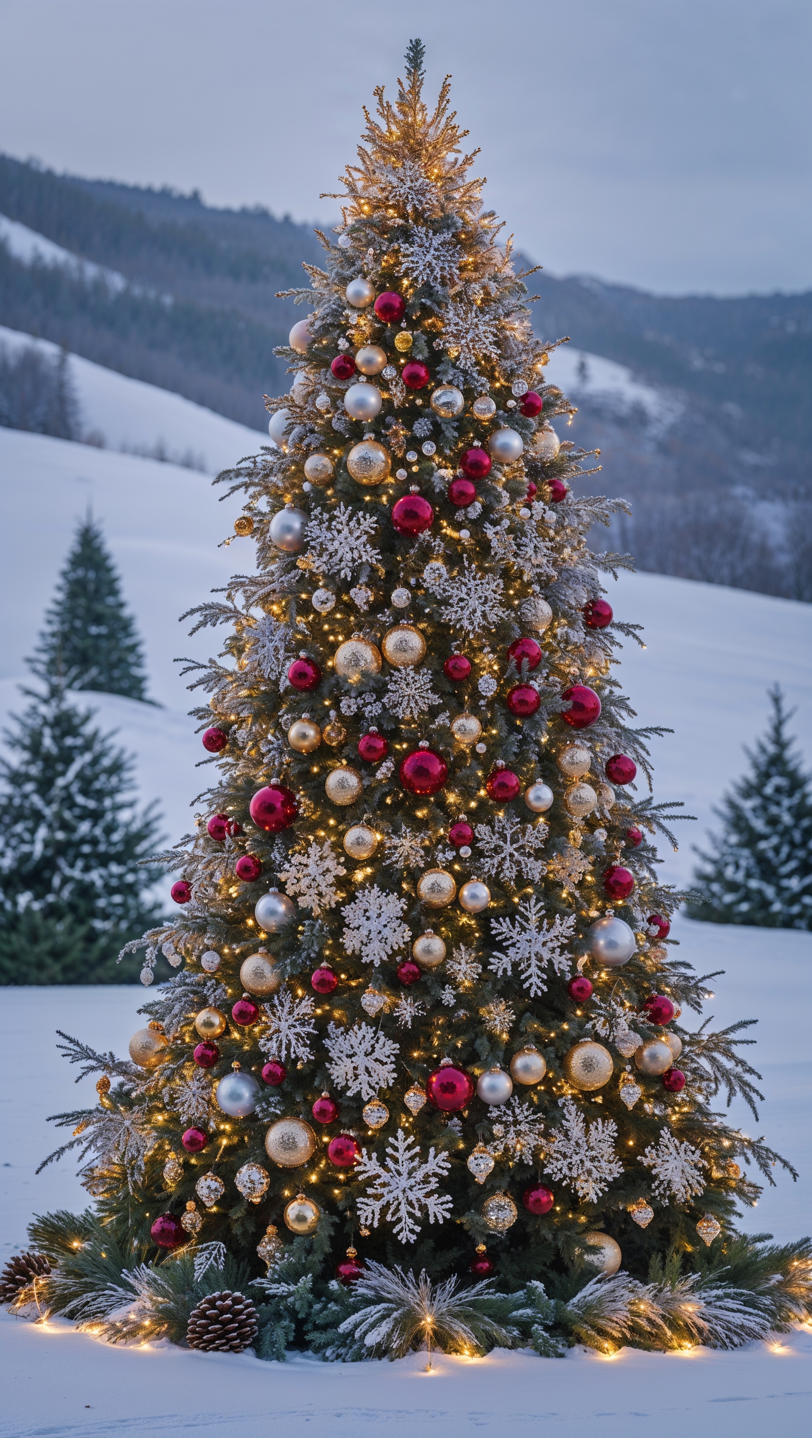 Decorated Christmas tree surrounded by snow