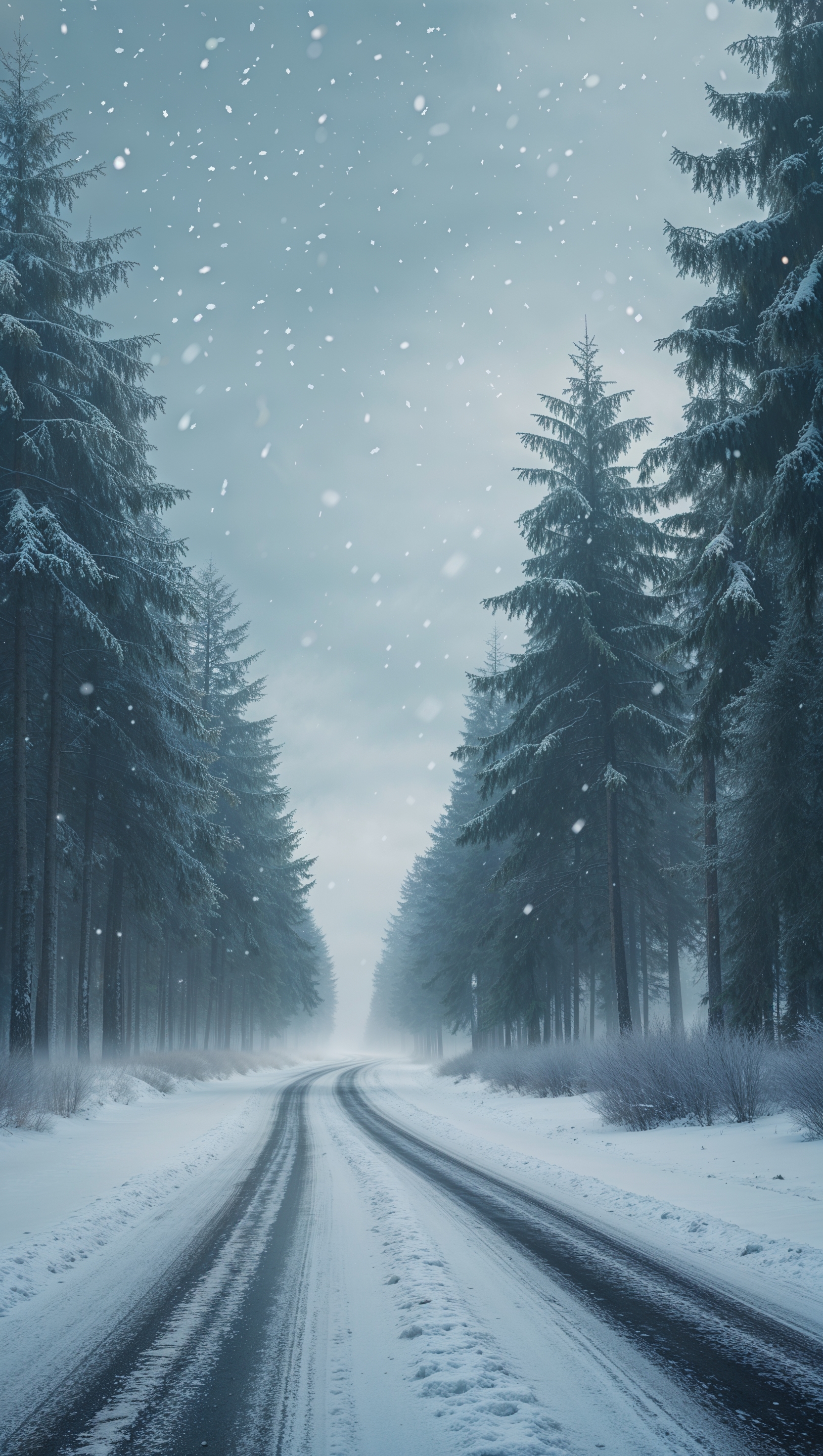 A lonely snowy road in the heart of winter