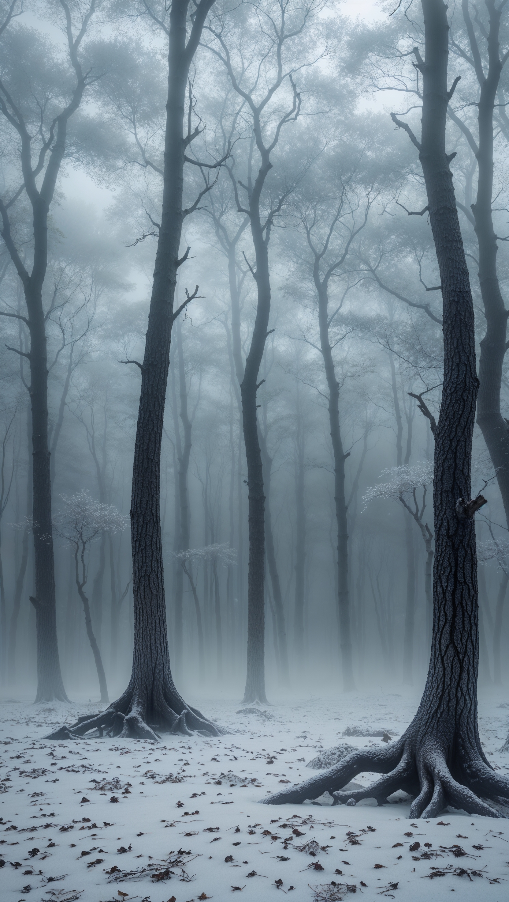 Dense foggy forest on a snowy day