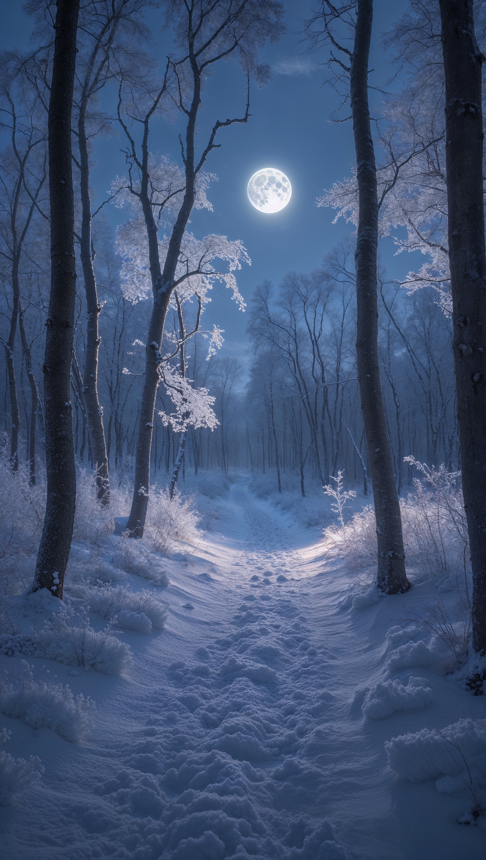 Frozen forest trail under moonlight