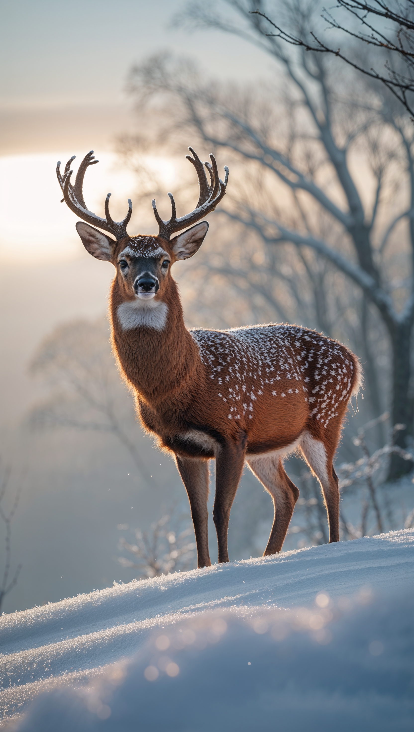 Deer on a snowy hill at dawn