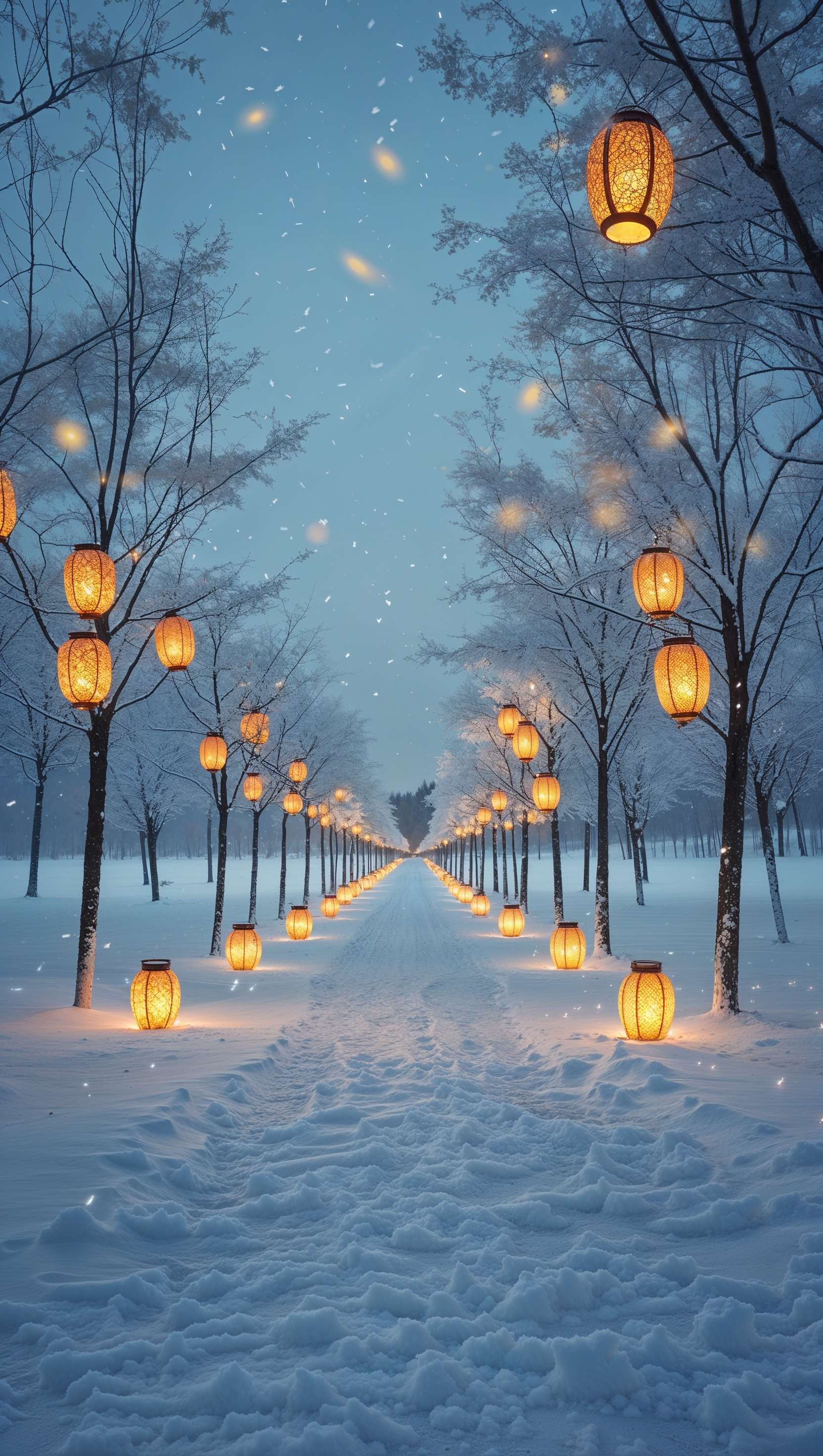 Snowy walking path with glowing lights
