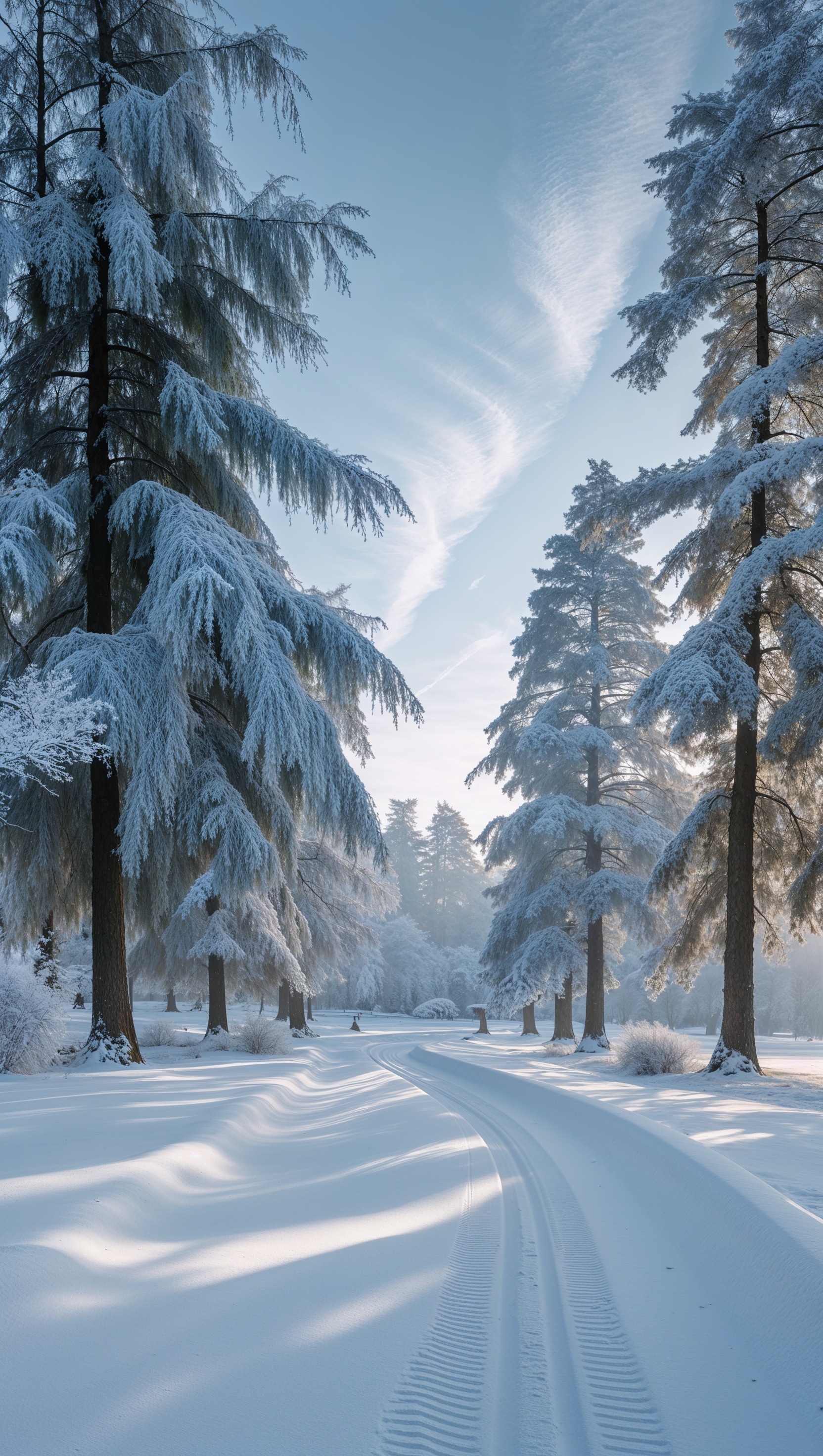 Snow-covered path in the middle of a park