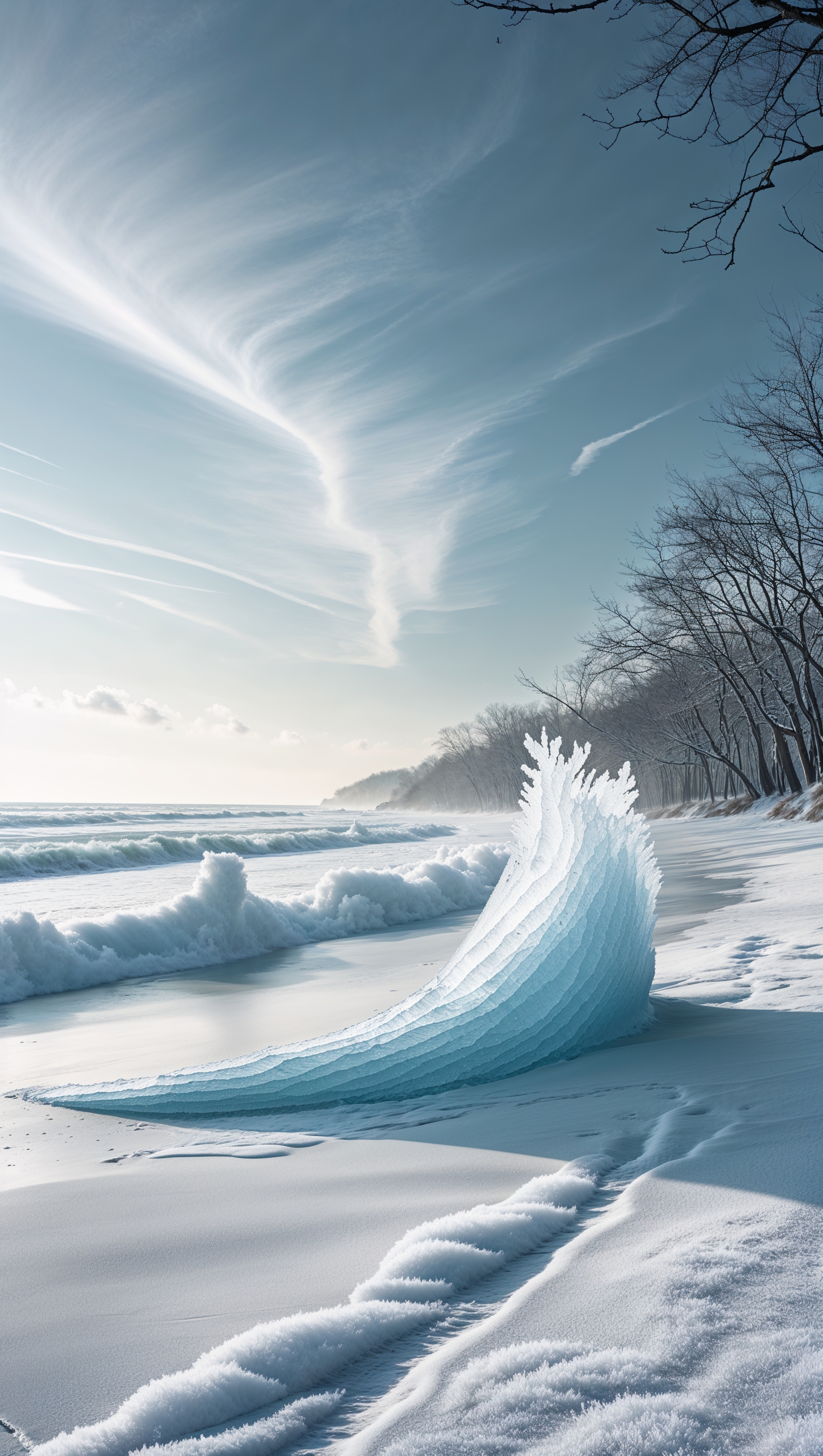 Winter beach with frozen waves