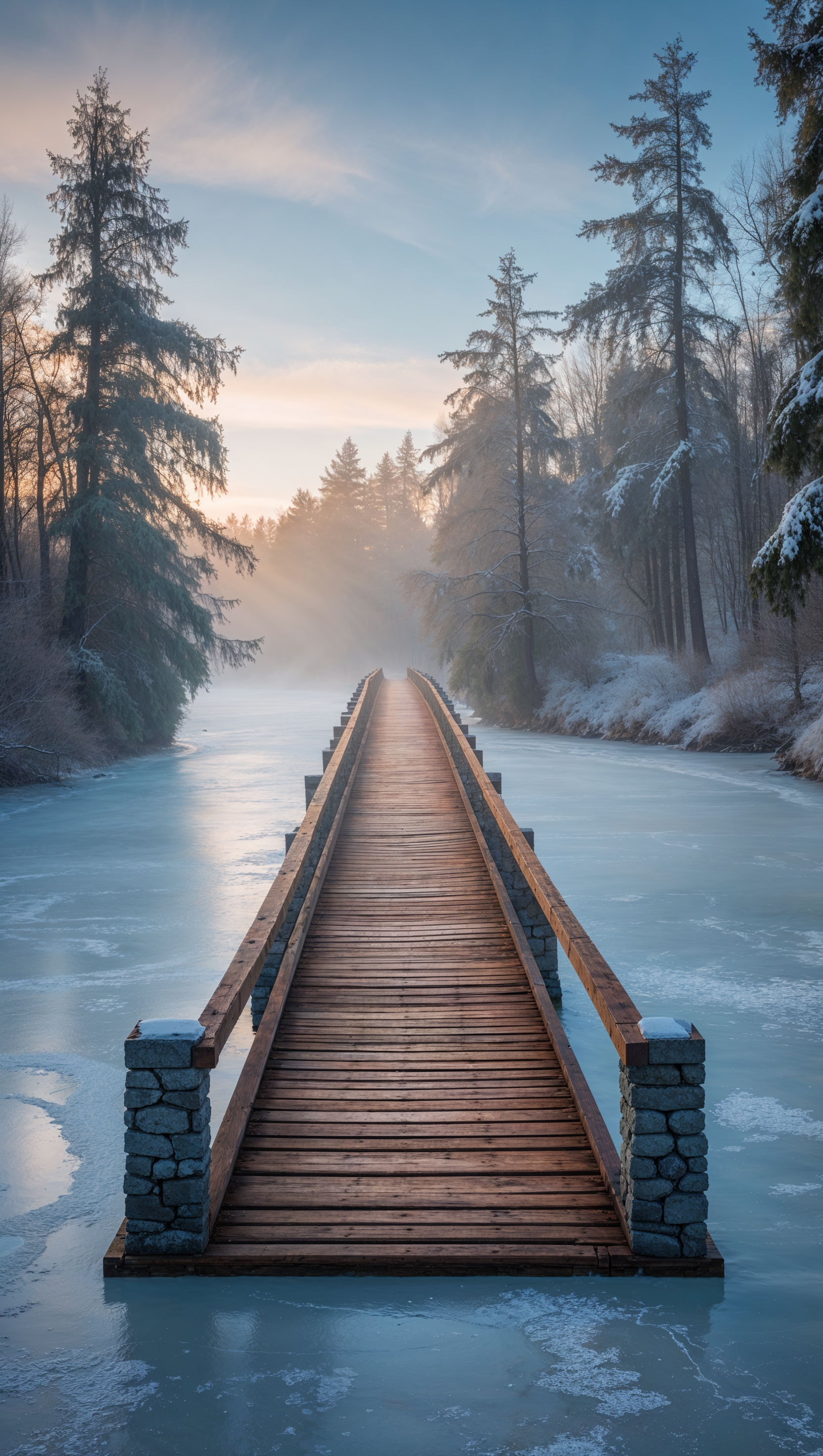 Wooden bridge over a frozen river