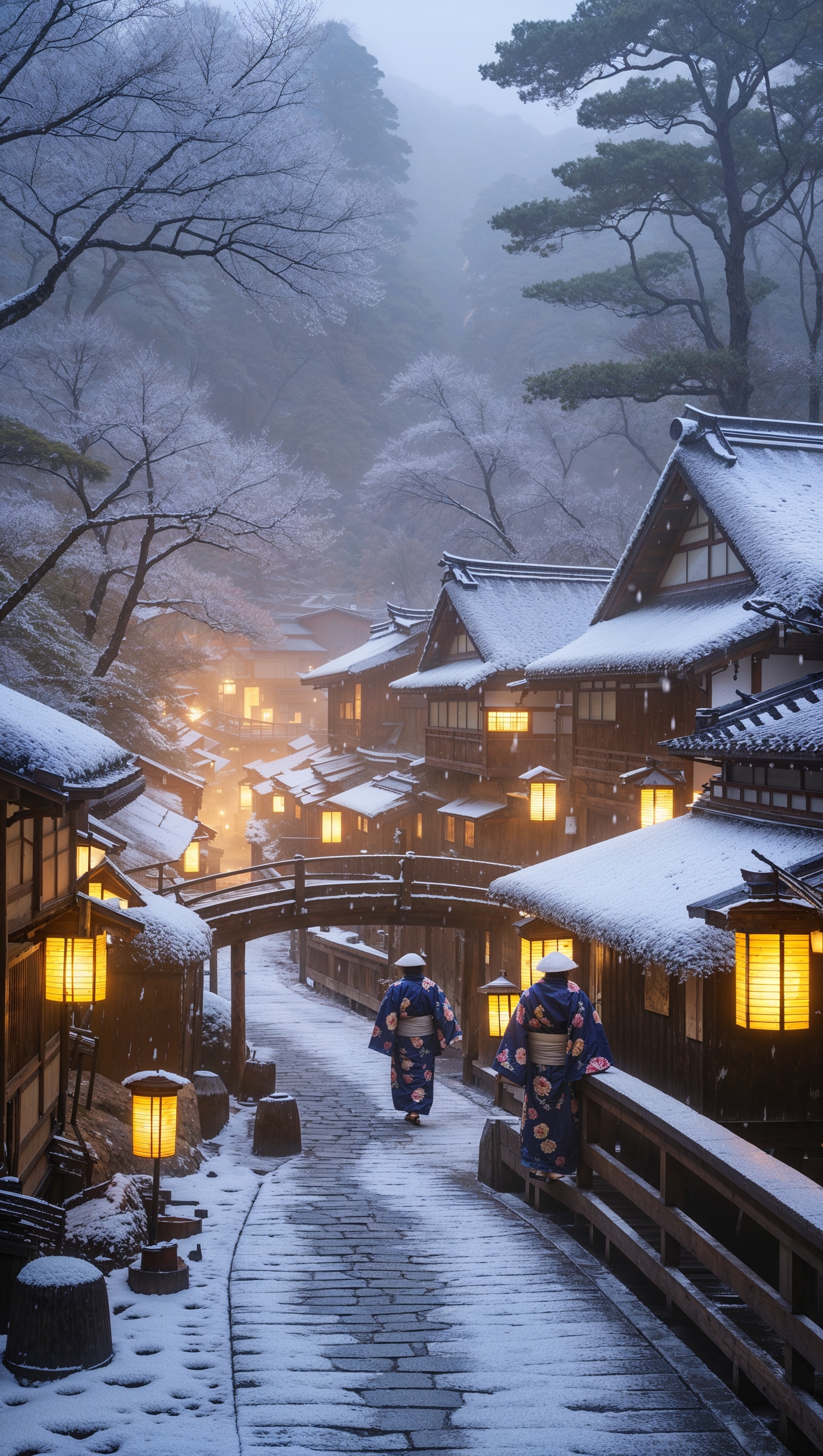 Traditional Japanese villages under snowfall