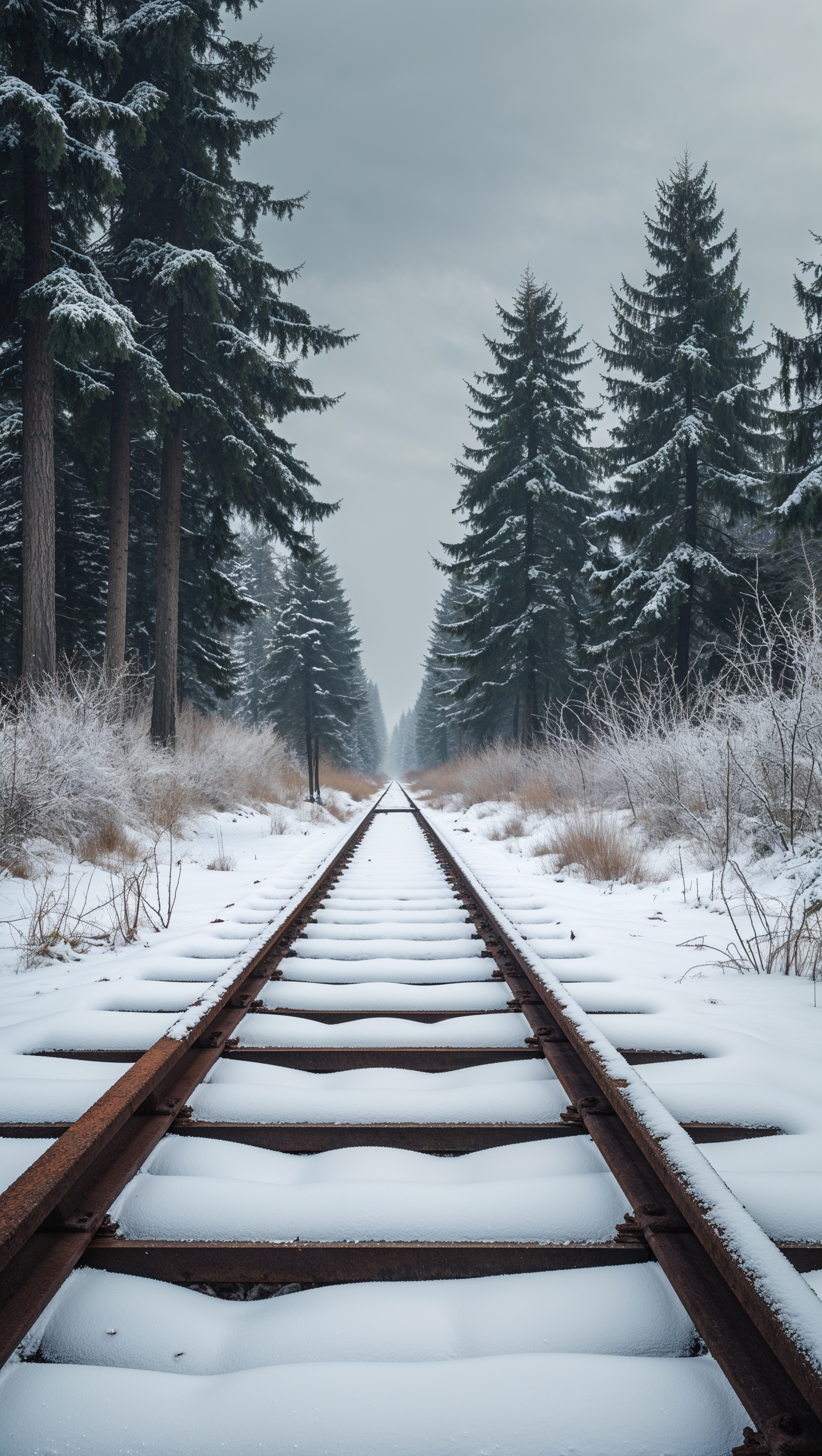 Old railway track covered with snow