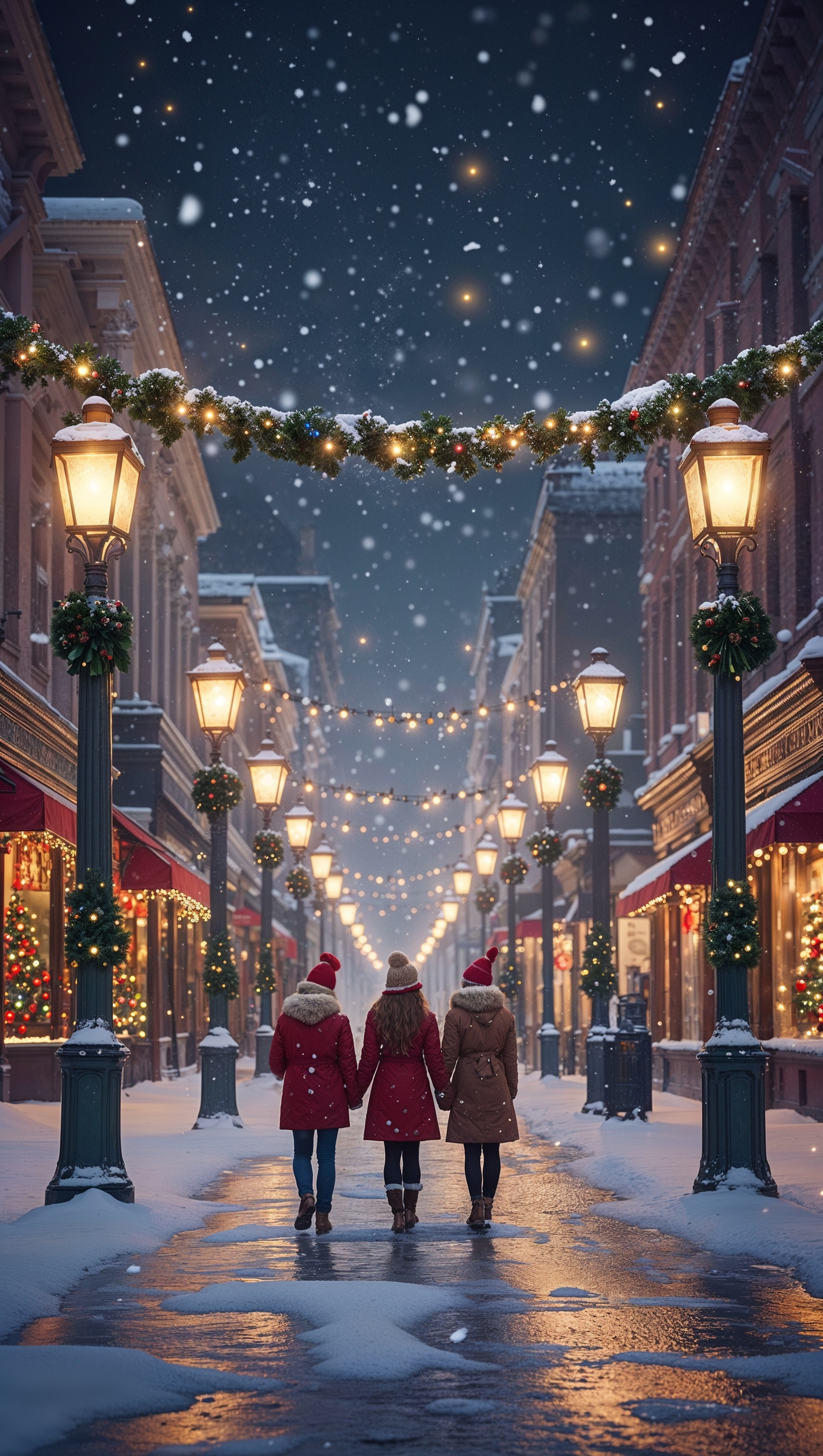 Snowy city street on Christmas night