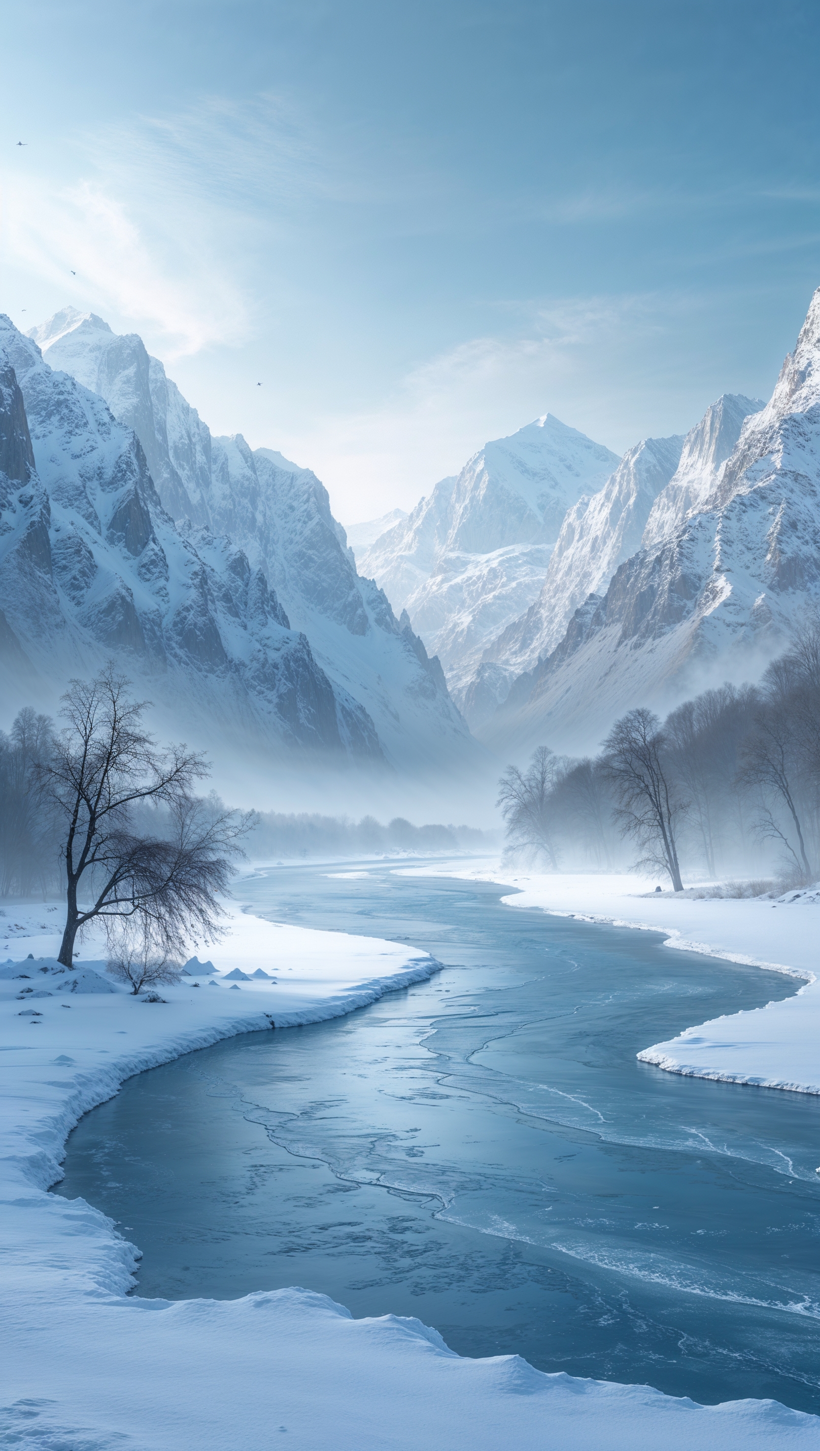 Frozen river among snowy mountains