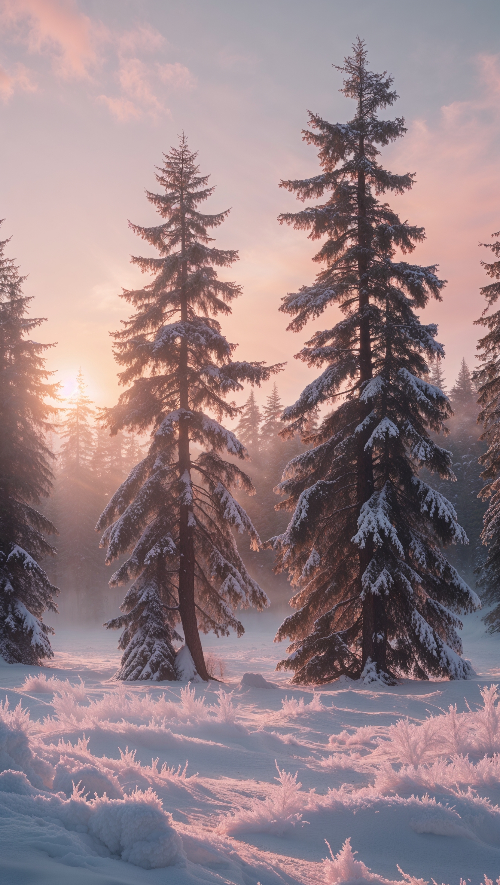 A snowy forest landscape at sunrise