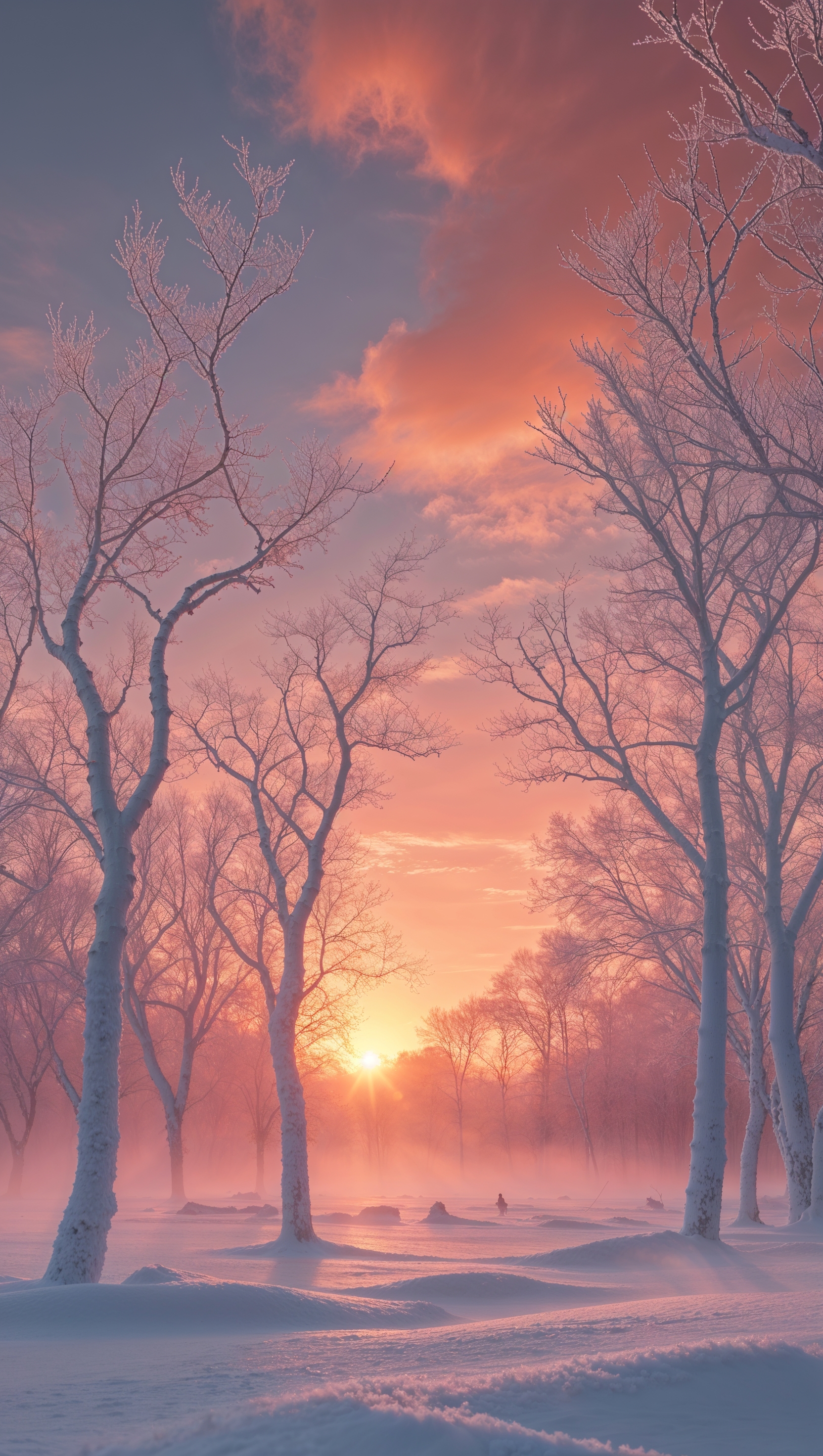 Frozen trees with golden sunset light