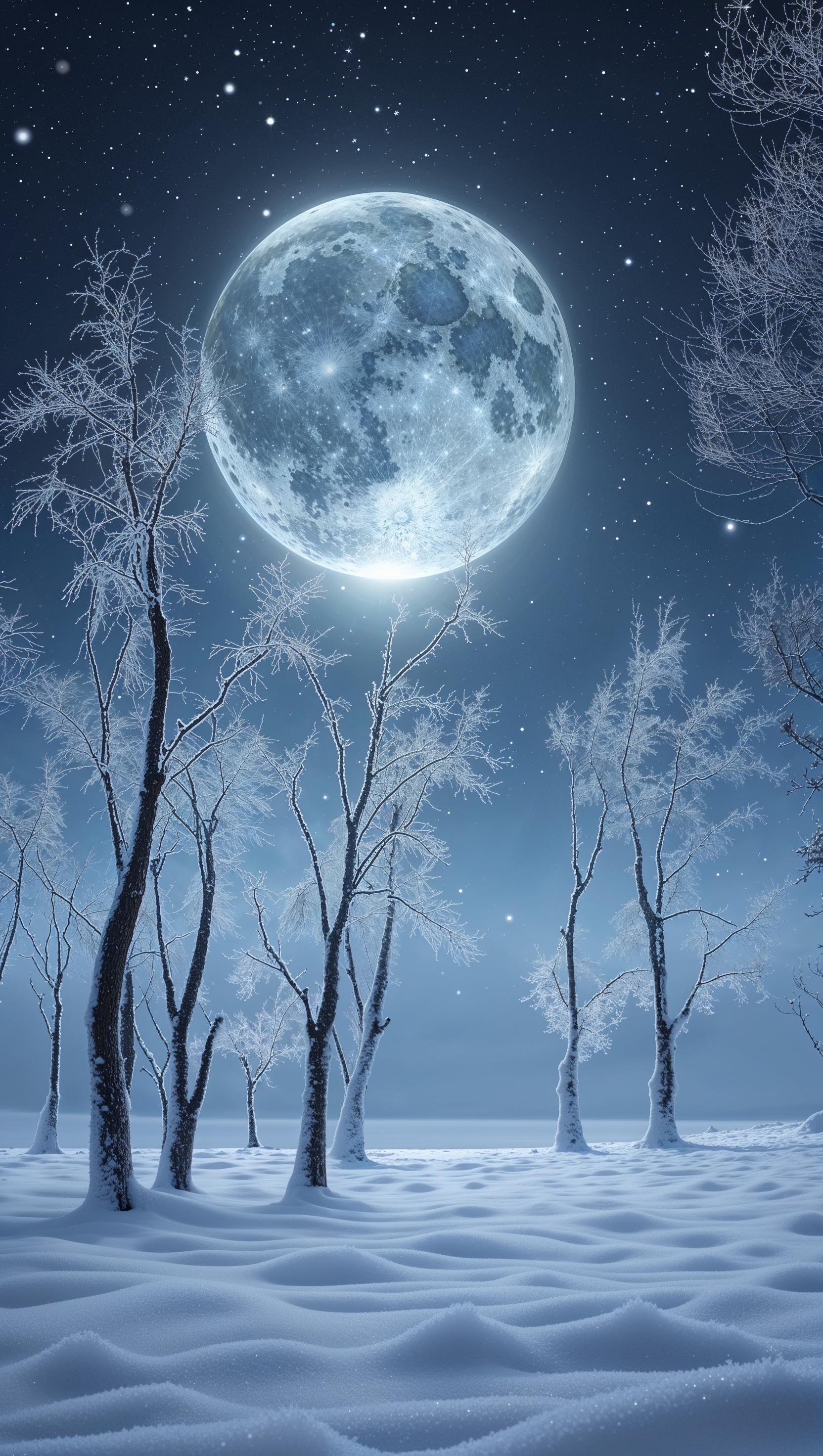 Winter night with full moon and frozen trees