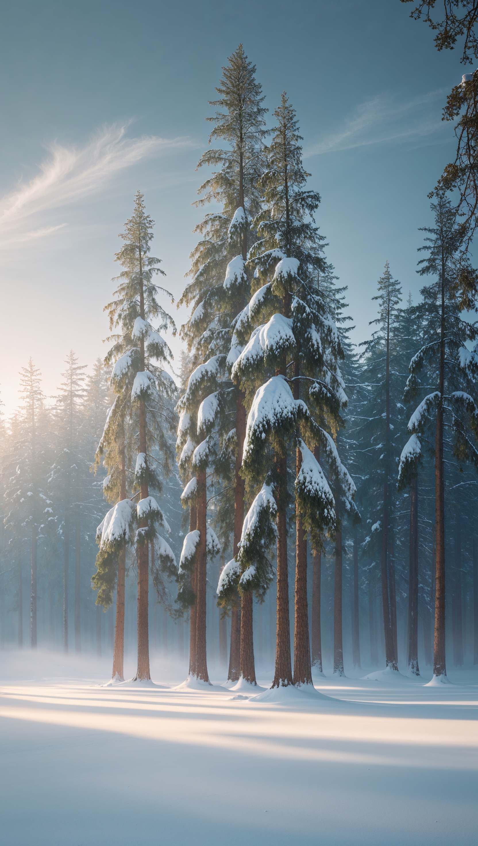 Tall pine trees covered in snow