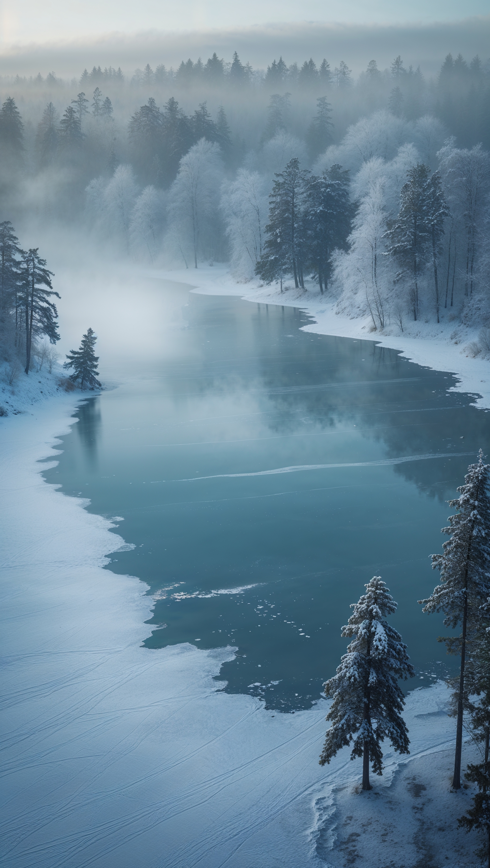 Aerial view of a frozen lake