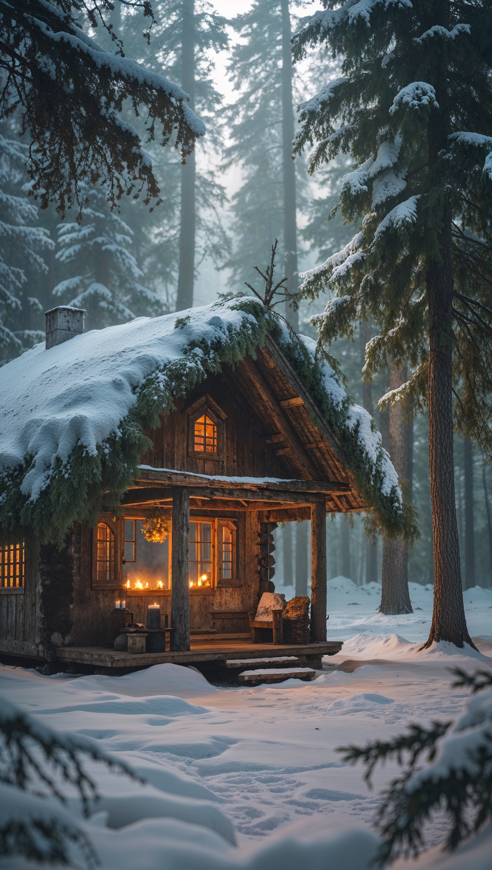 Wooden cabin in the middle of a snowy forest