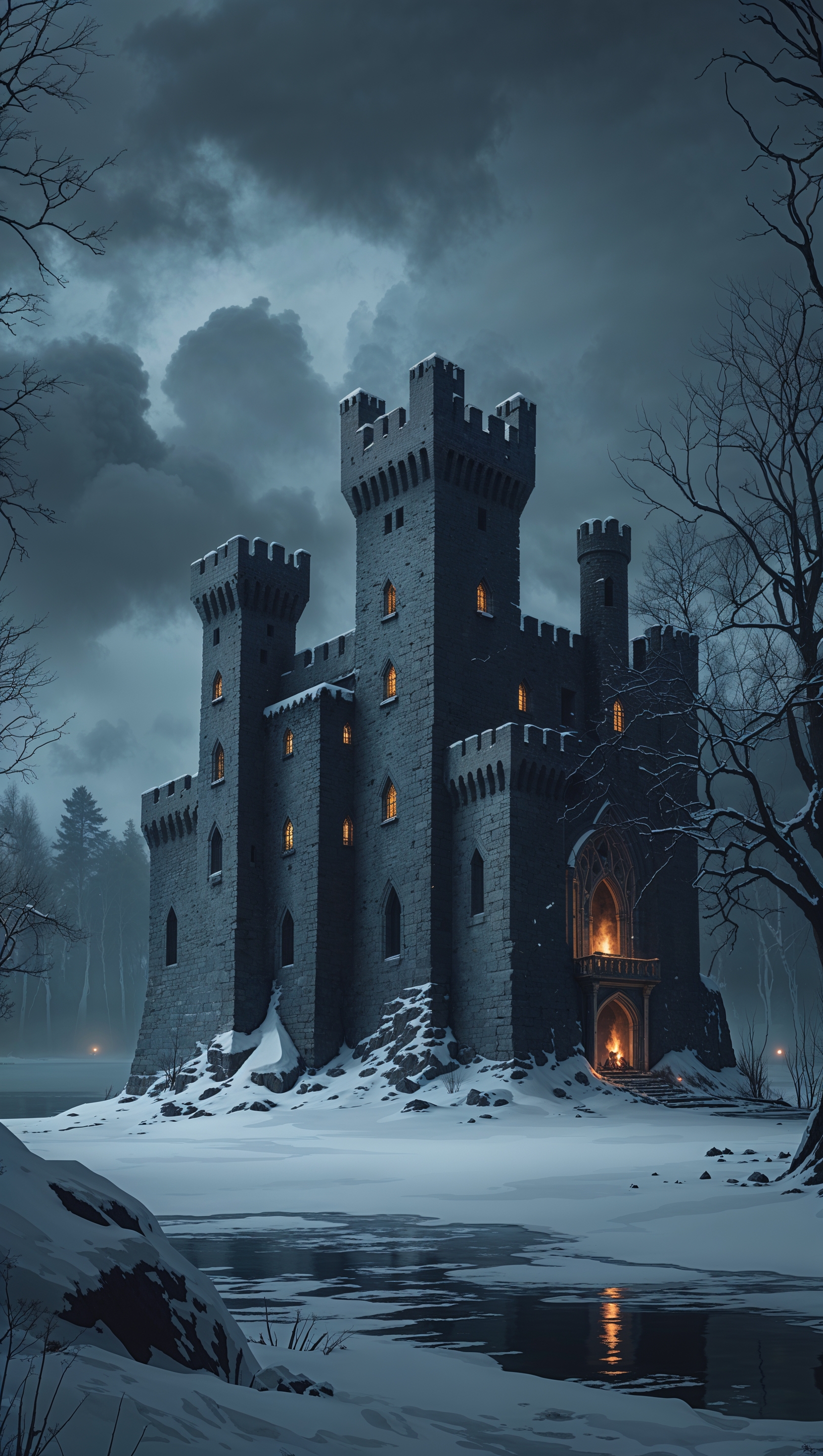 Winterfell in winter, dark-themed iPhone wallpaper