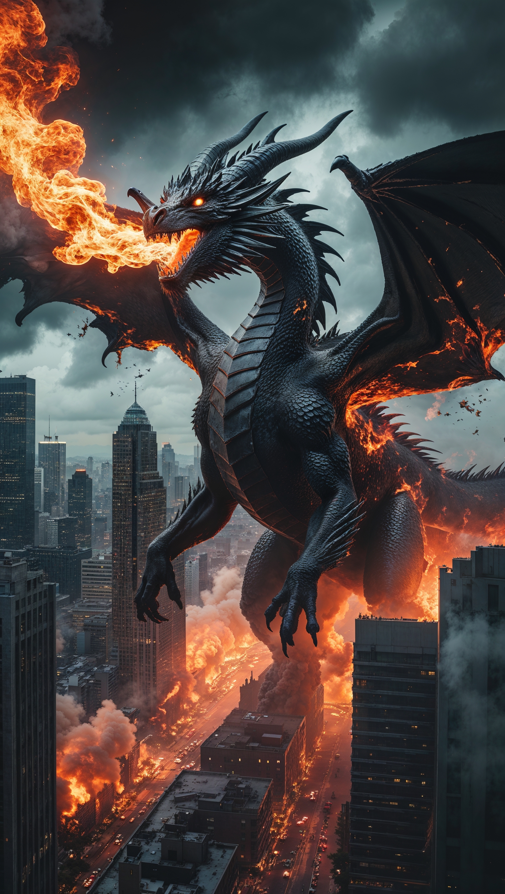 Black dragon burning a city, dark iPhone wallpaper