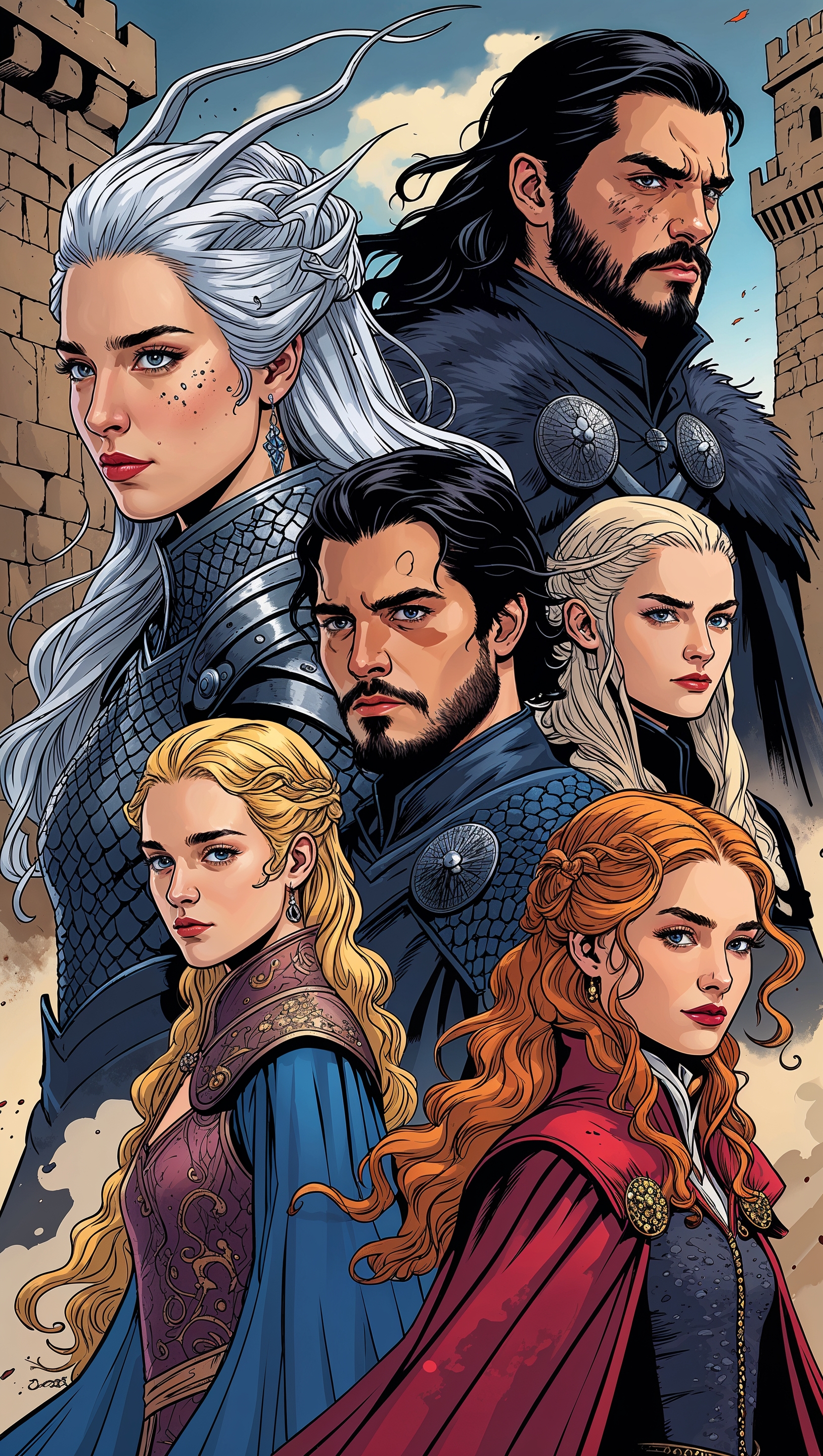 Comic-style illustration of main Game of Thrones characters
