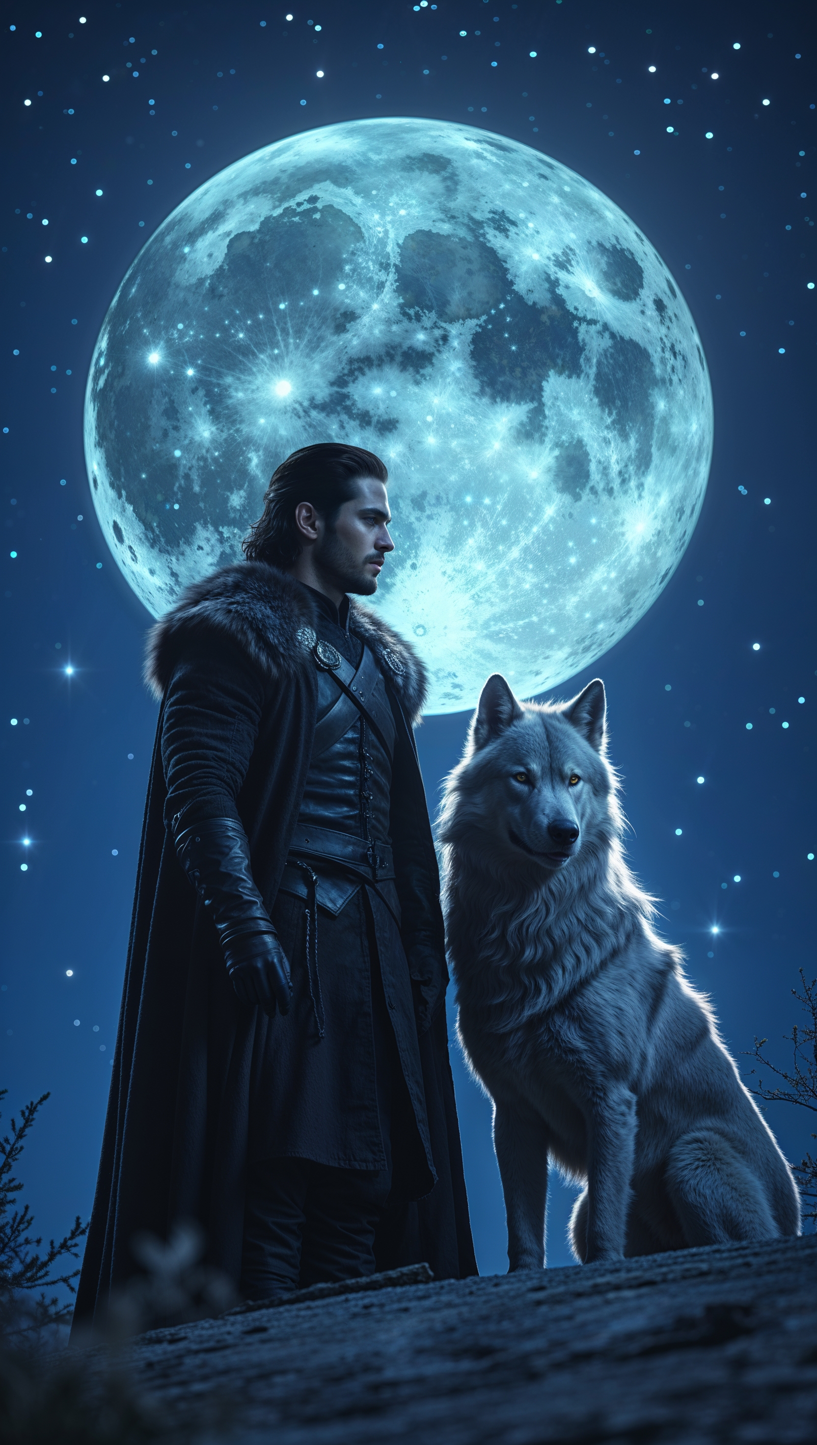 Night theme with full moon, Jon Snow and Ghost